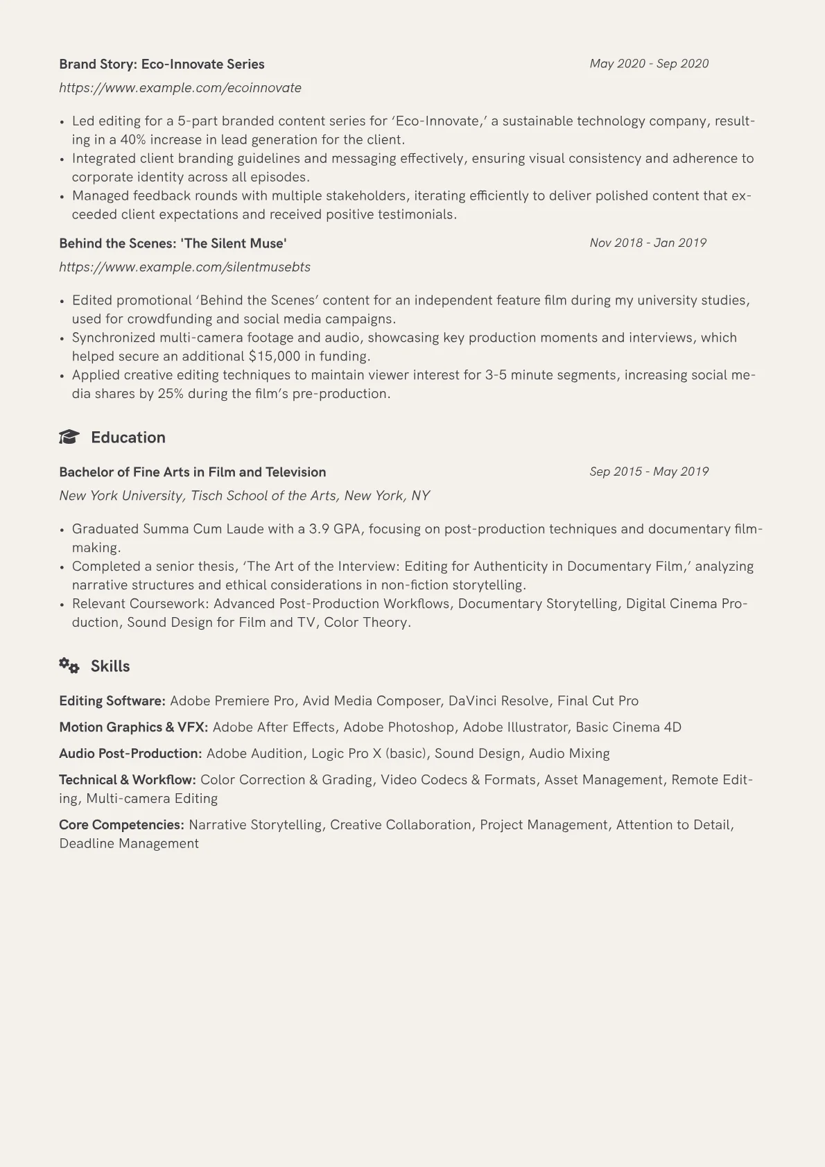 Film and Video Editor resume example, Documentary & Branded, page 2