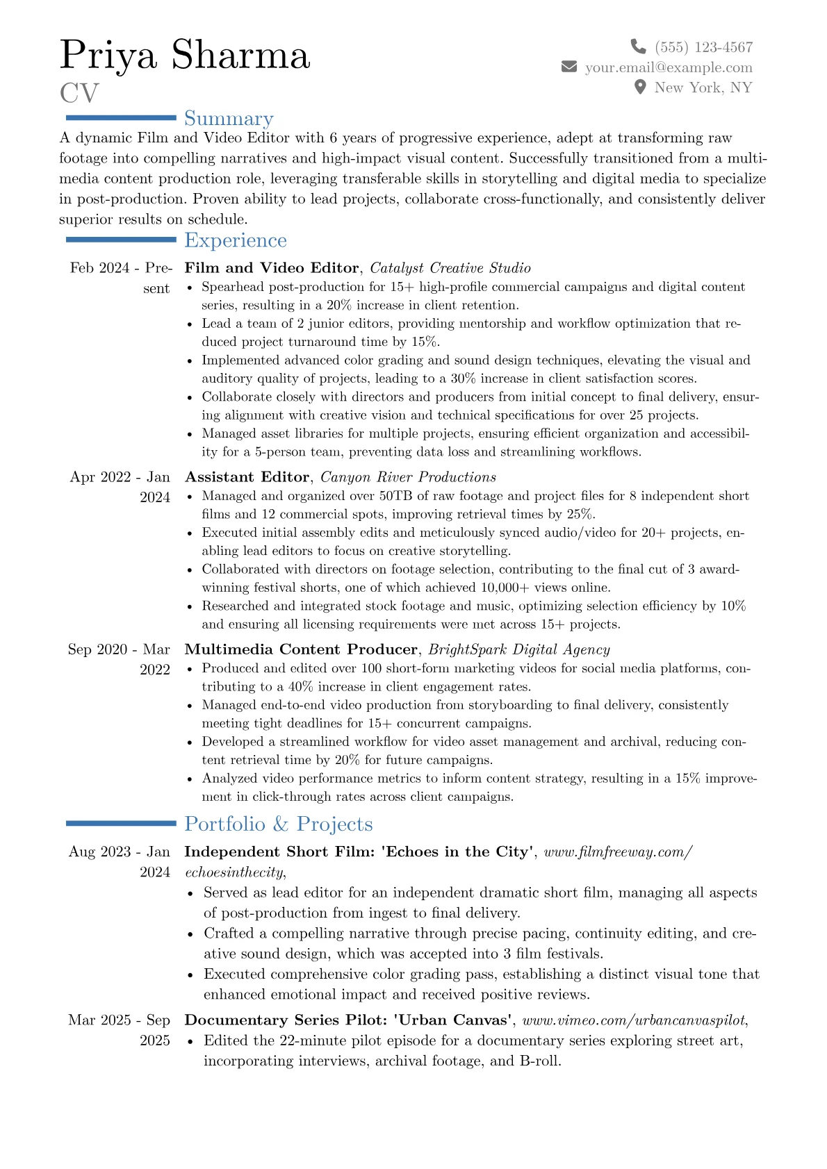 Film and Video Editor resume example, Career changer, page 1