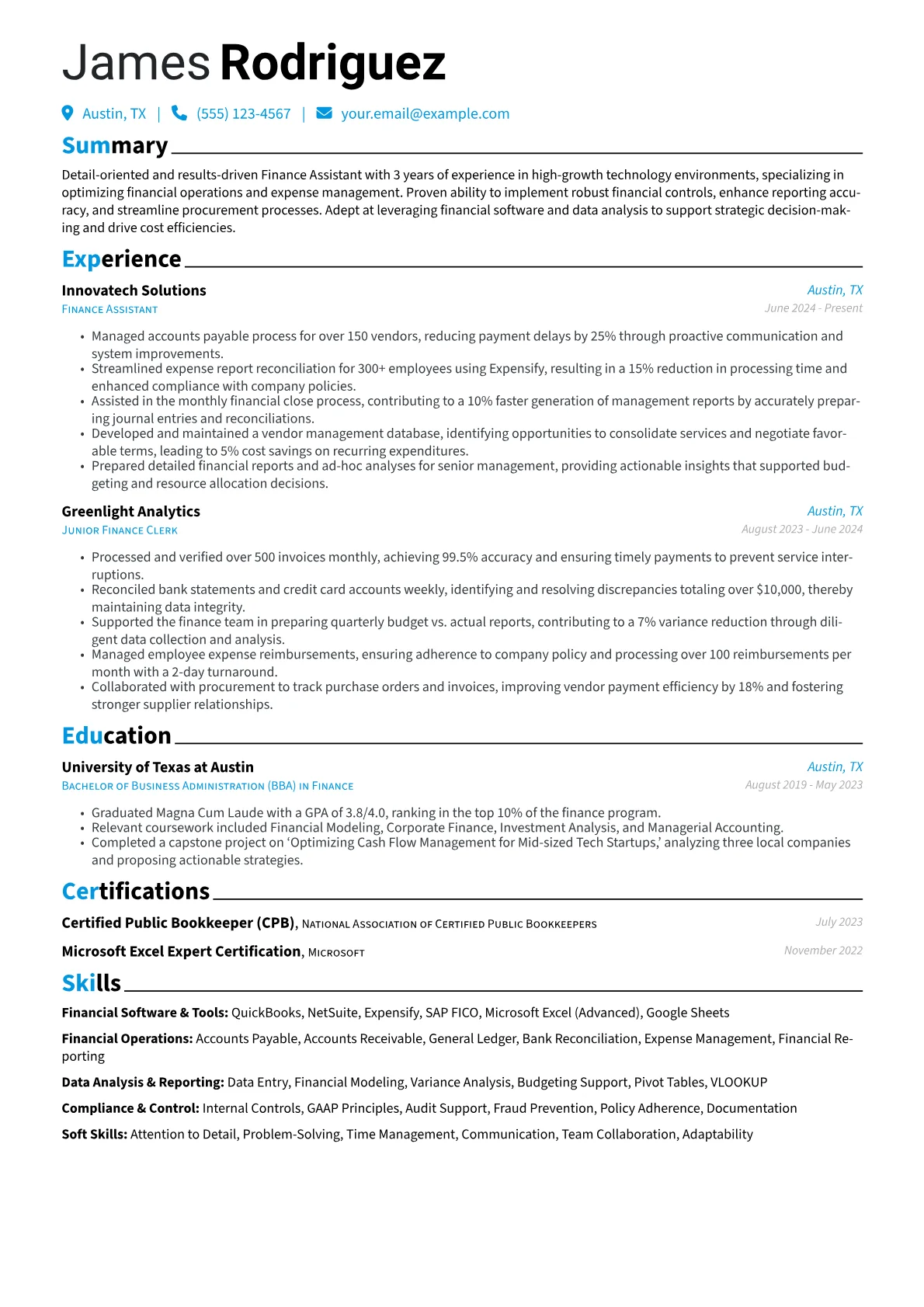 Finance Assistant resume example, Finance Assistant - Tech, page 1