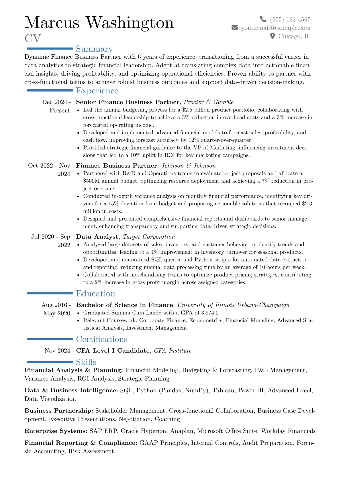 Finance Business Partner resume example, Career changer, page 1