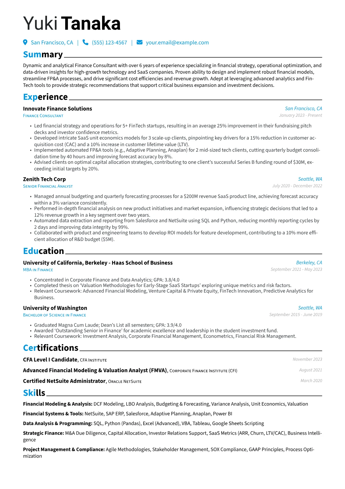 Finance Consultant resume example, FinTech/SaaS Finance, page 1