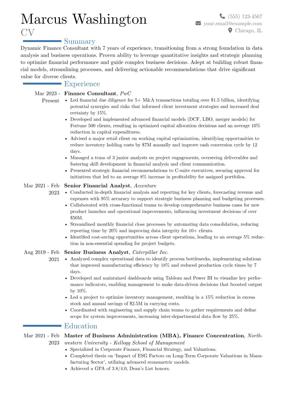 Finance Consultant resume example, Career changer, page 1