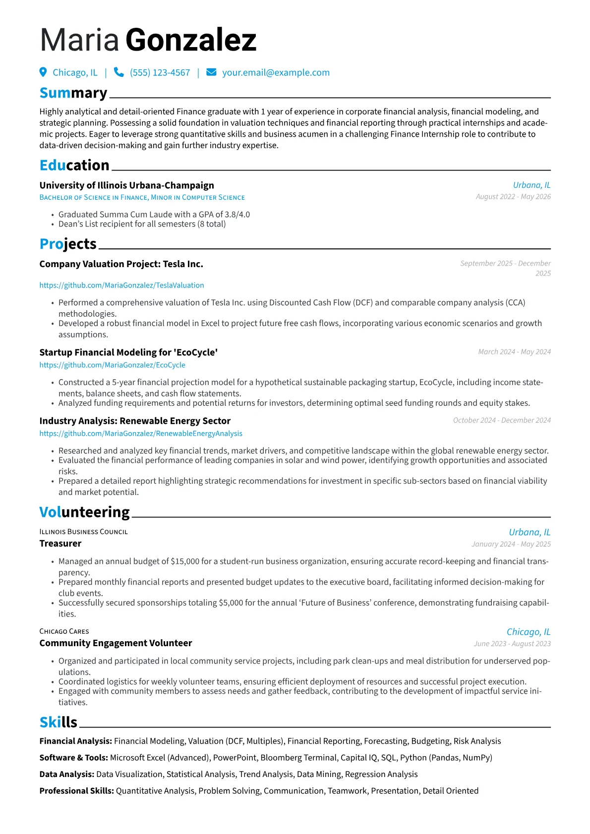 Finance Internship resume example, Finance Internship, page 1