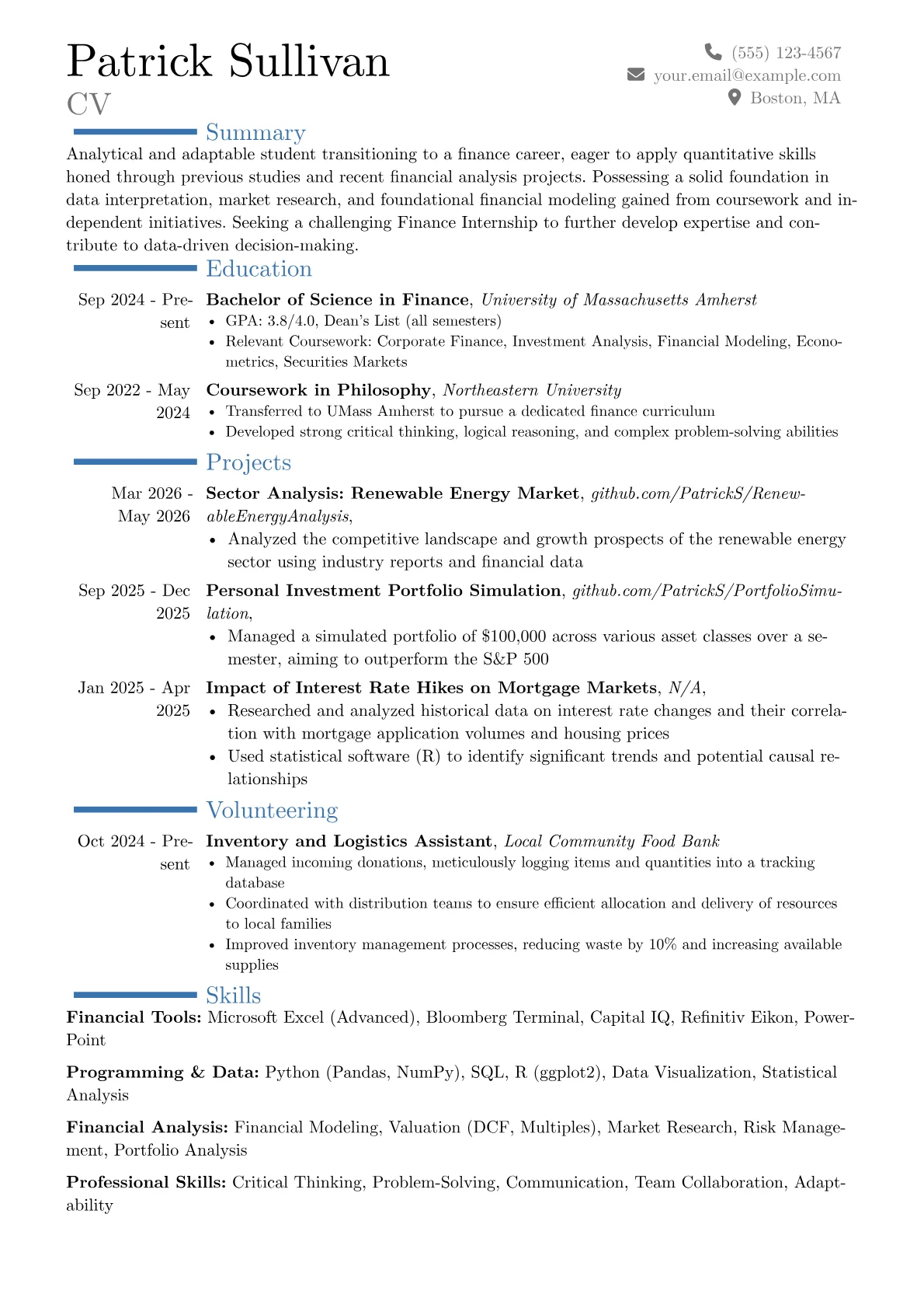 Finance Internship resume example, Career changer, page 1