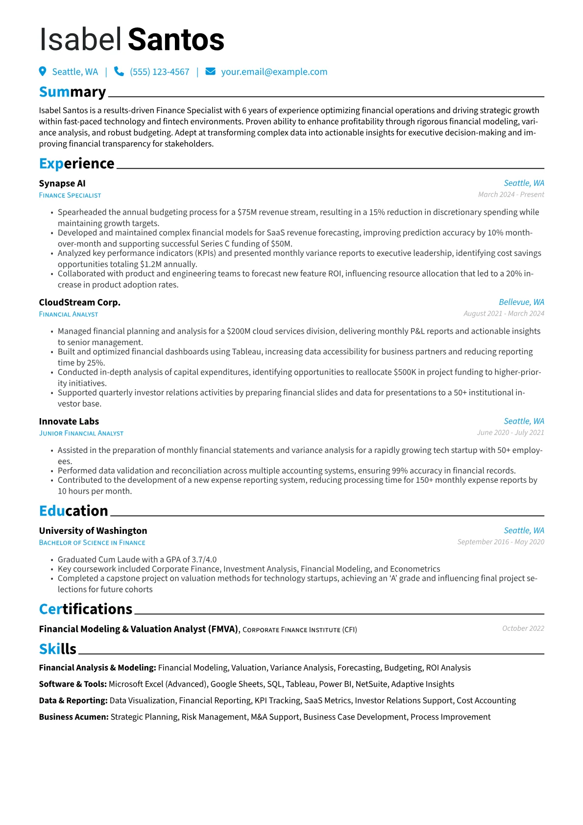 Finance Specialist resume example, Fintech Corporate Finance, page 1