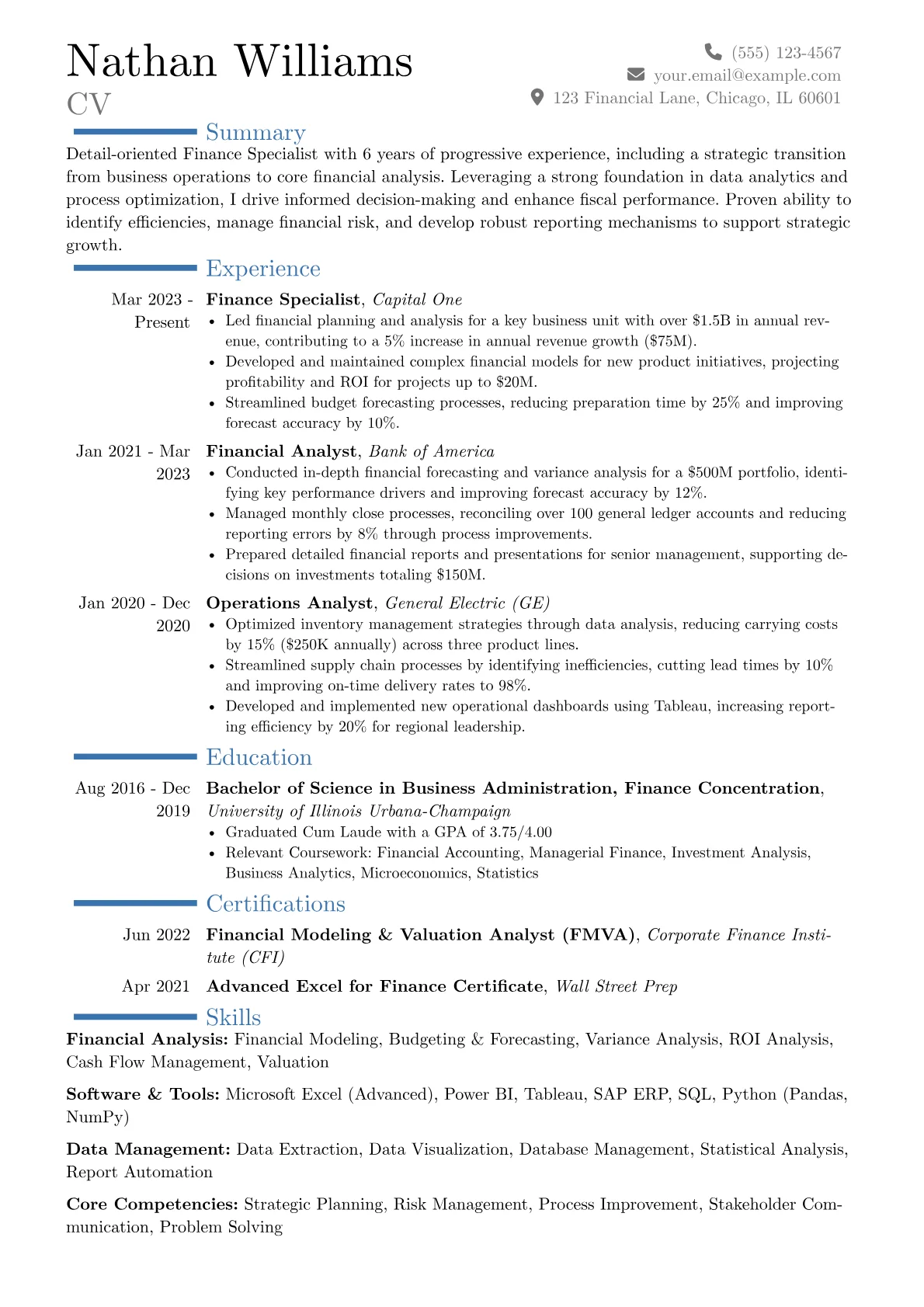 Finance Specialist resume example, Career changer, page 1