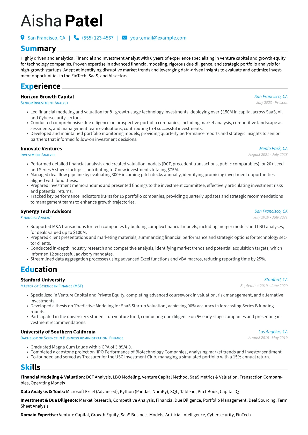 Financial and Investment Analyst resume example, Financial Modeling, page 1