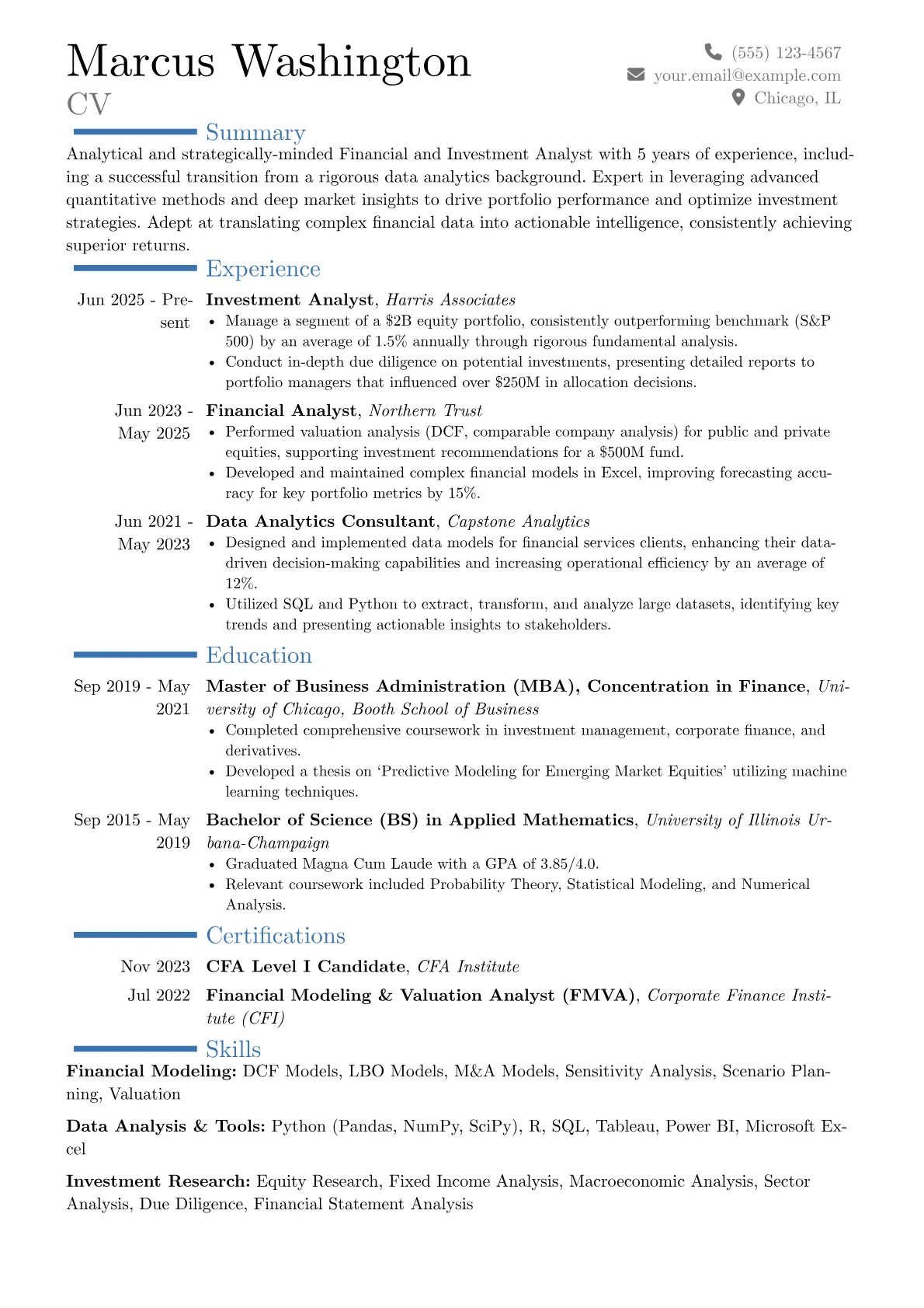 Financial and Investment Analyst resume example, Career changer, page 1