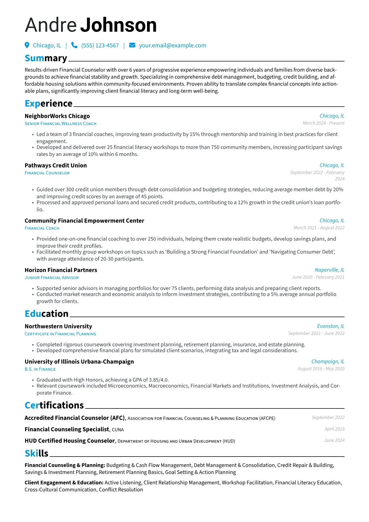 Financial Counselor resume example, Community-Focused, page 1