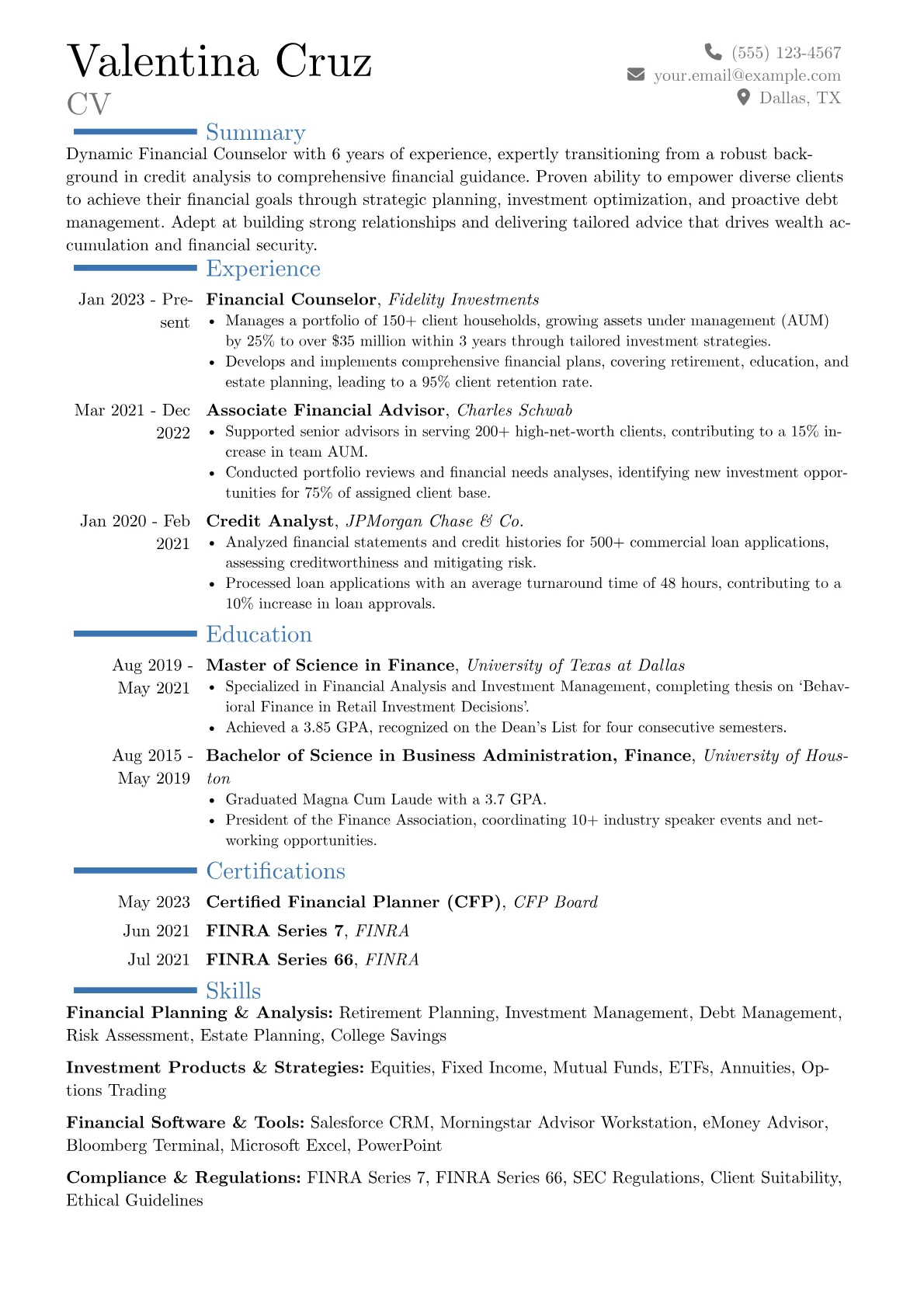 Financial Counselor resume example, Career changer, page 1