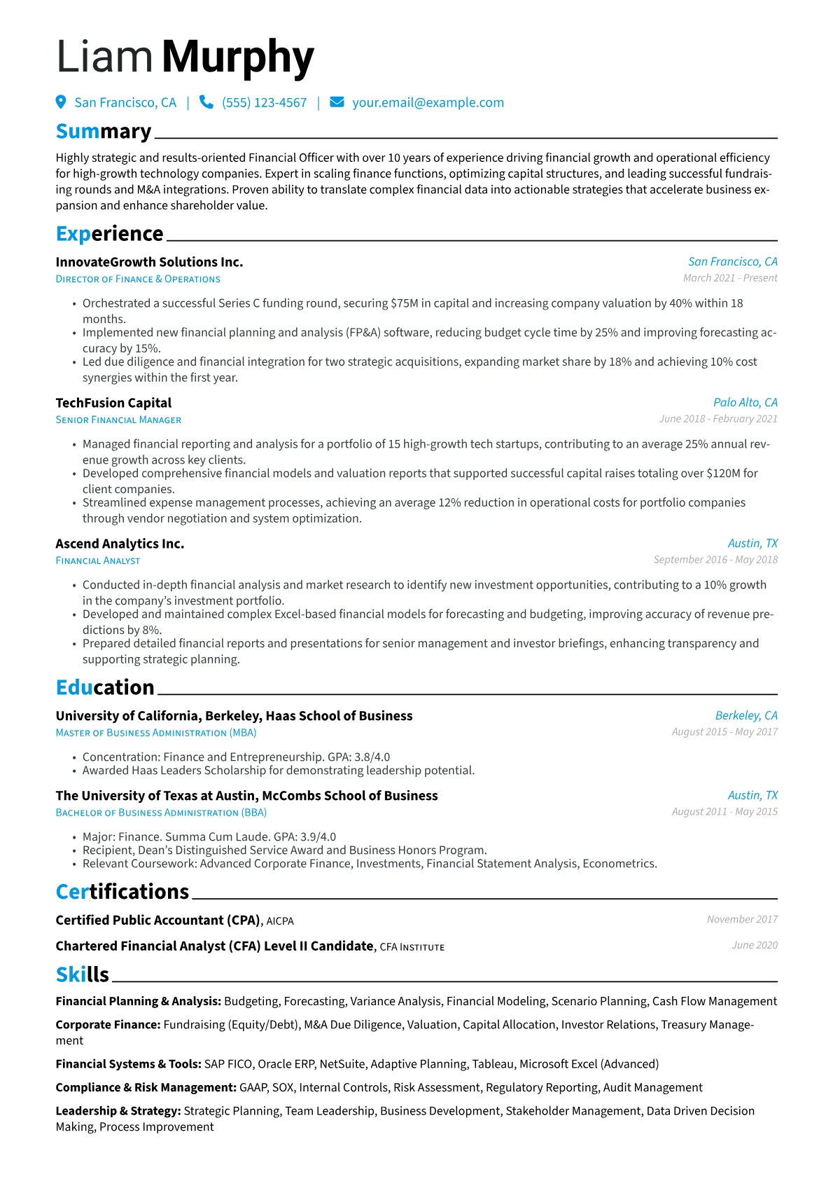 Financial Officer resume example, High-Growth Tech Financial, page 1