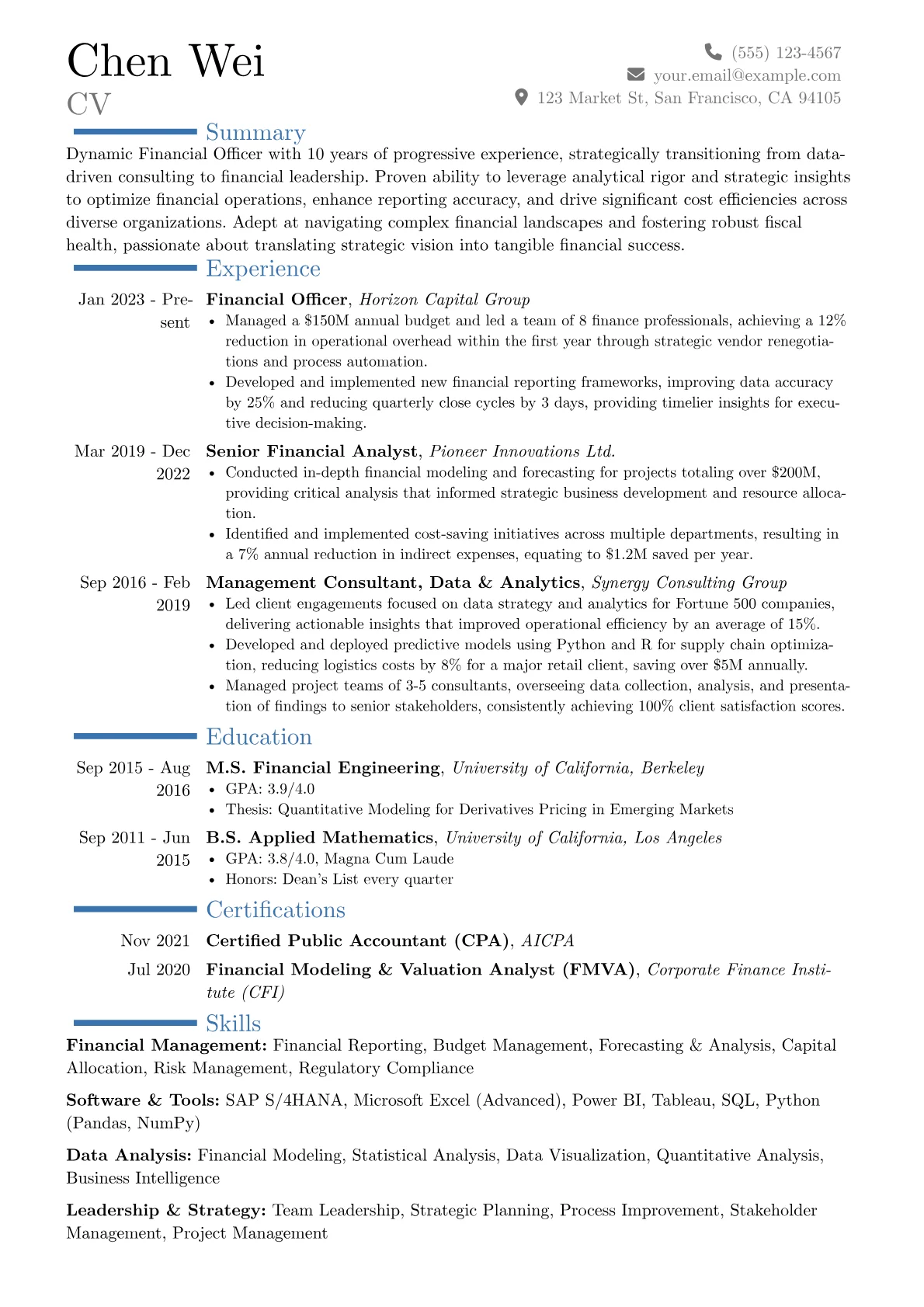 Financial Officer resume example, Career changer, page 1