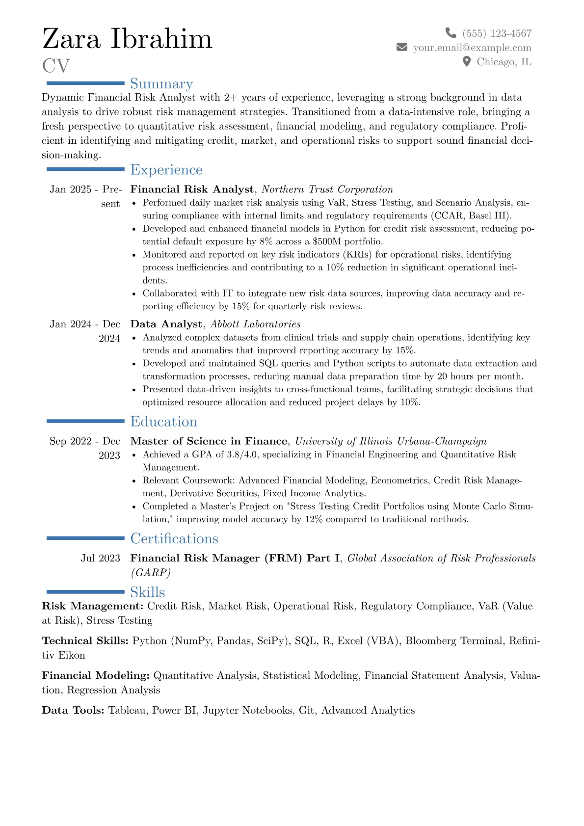 Financial Risk Analyst resume example, Career changer, page 1