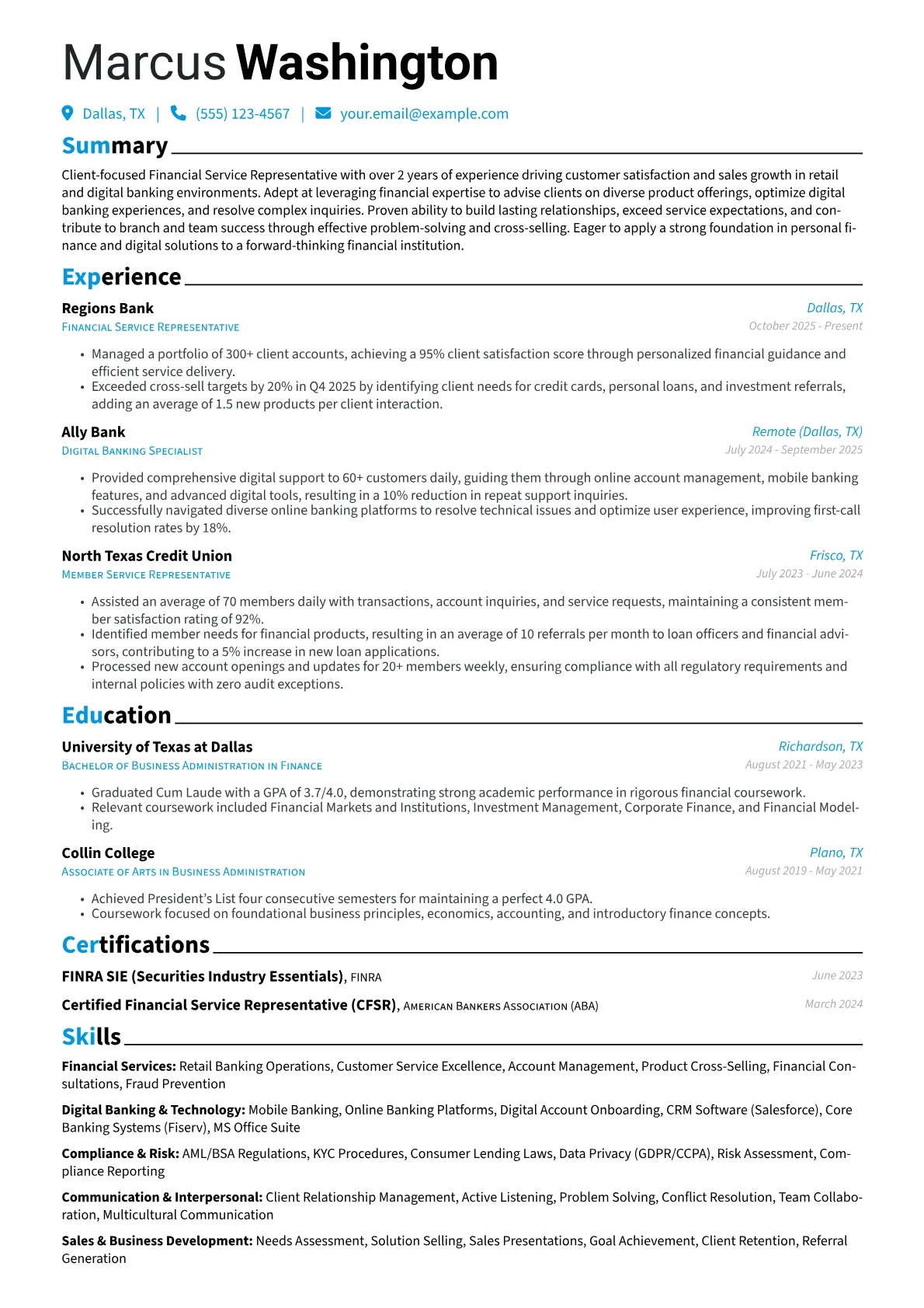 Financial Service Representative resume example, Financial Service, page 1