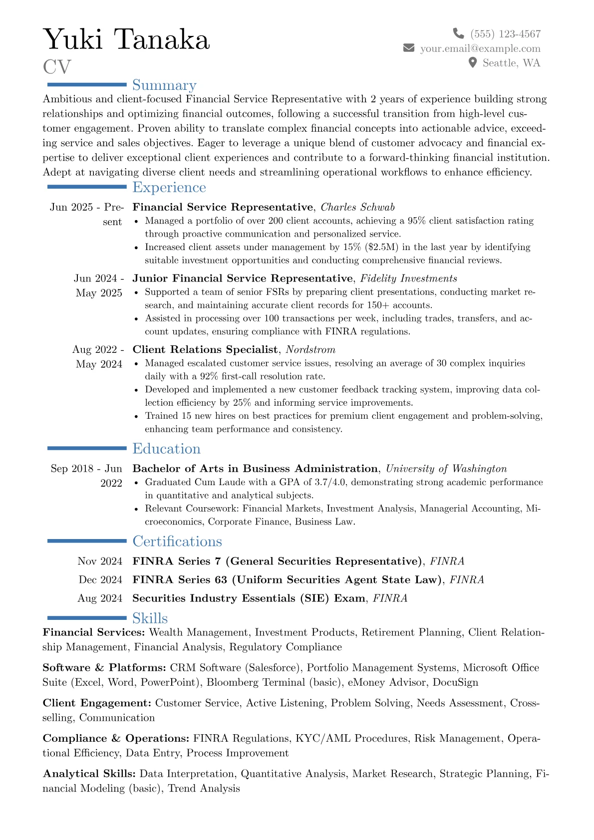 Financial Service Representative resume example, Career changer, page 1
