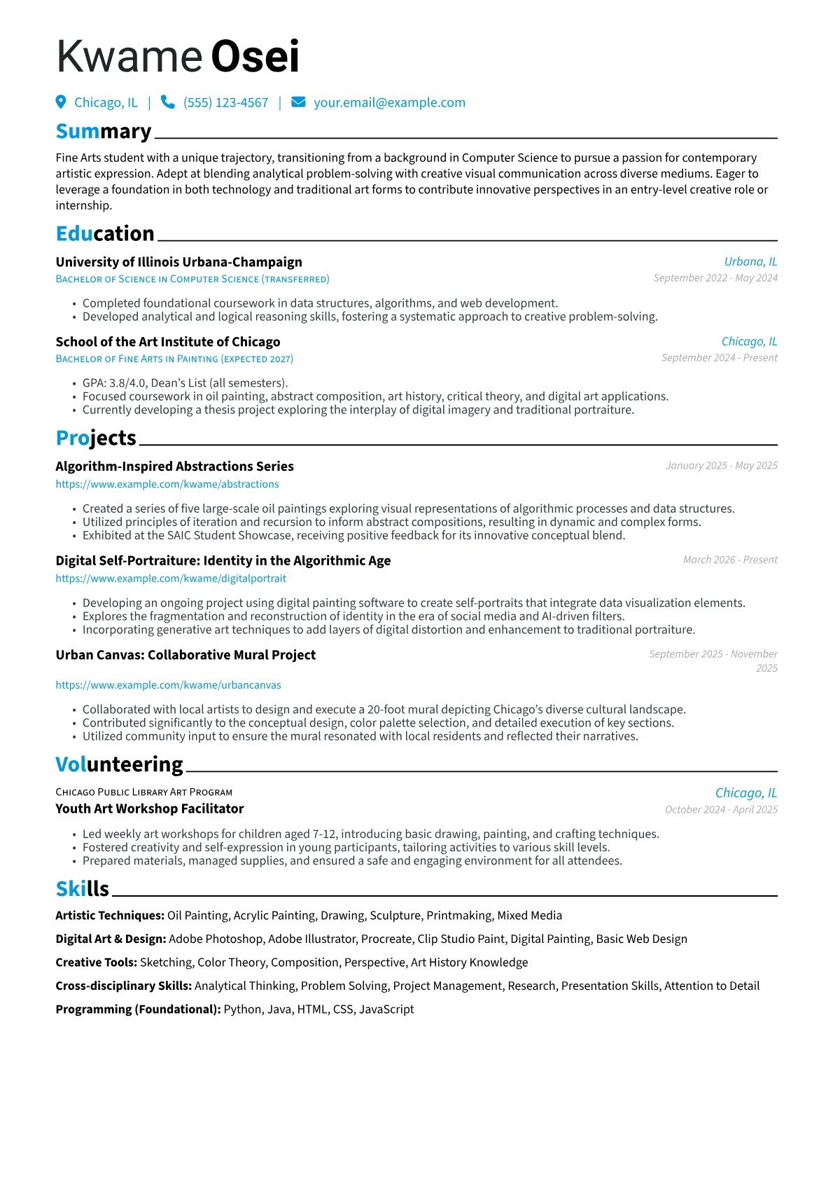 Fine Arts Student resume example, Career changer, page 1