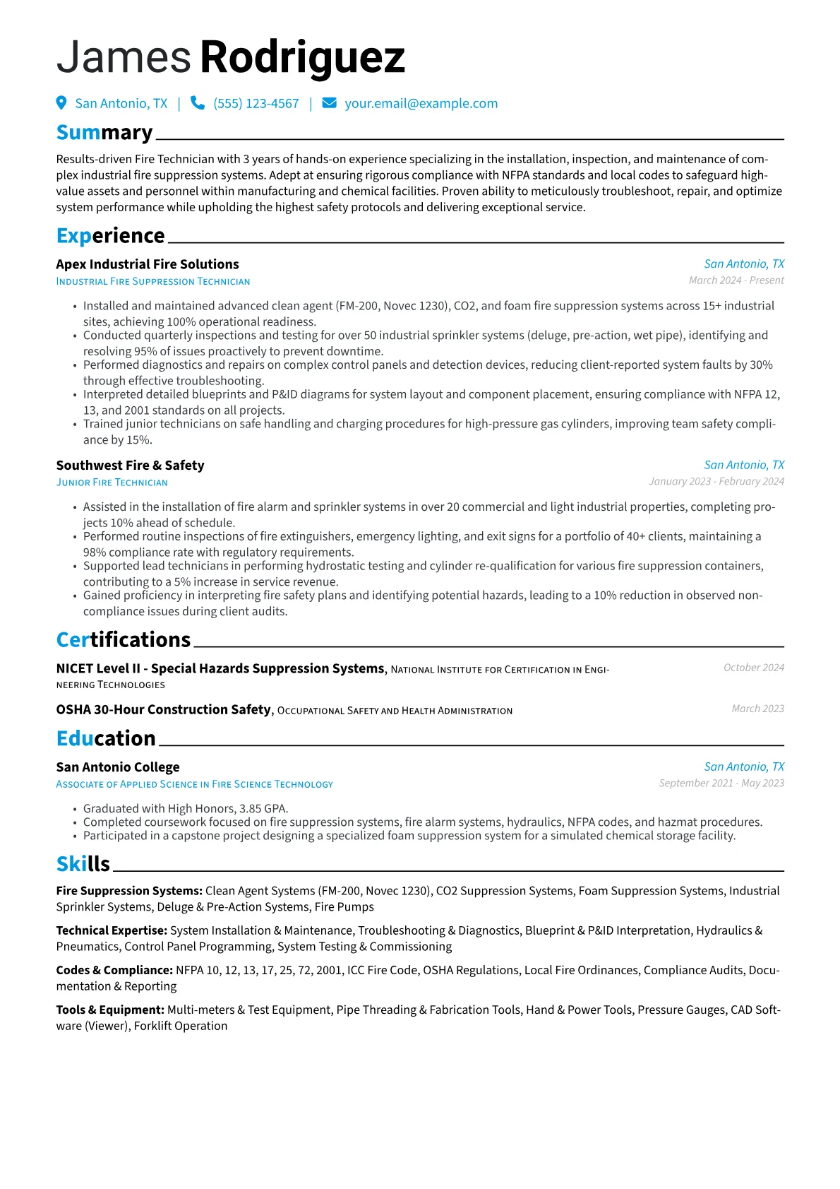 Fire Technician resume example, Industrial Fire, page 1