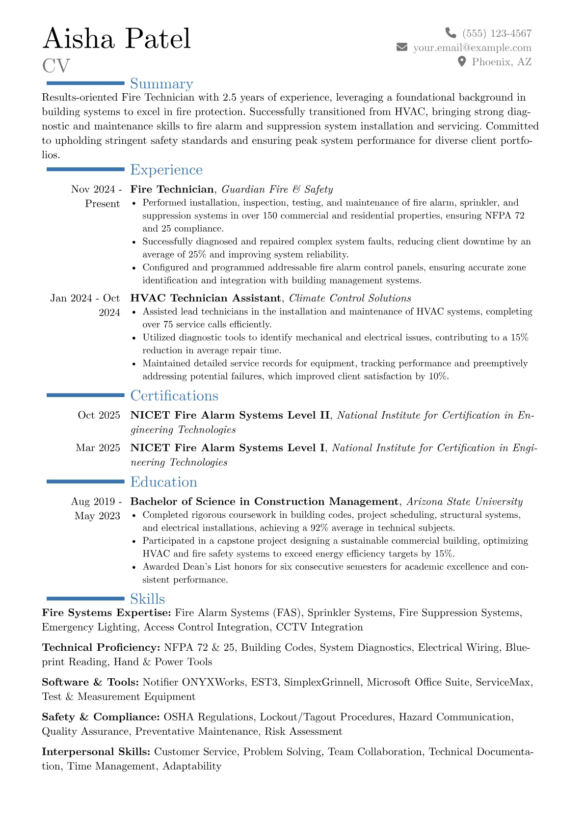 Fire Technician resume example, Career changer, page 1