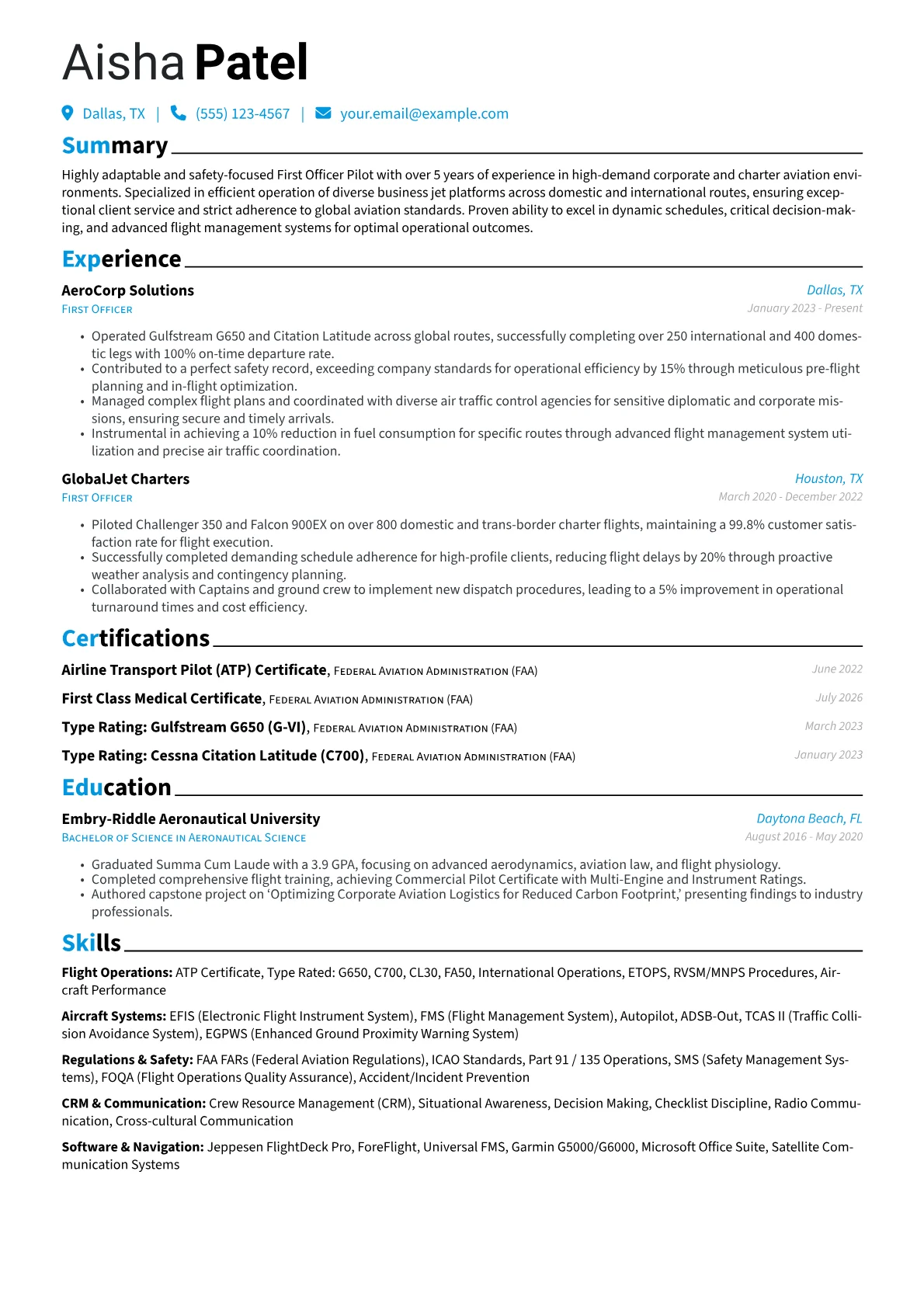 First Officer Pilot resume example, Corporate Aviation, page 1