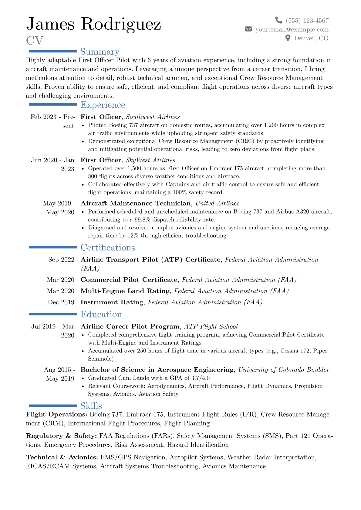 First Officer Pilot resume example, Career changer, page 1
