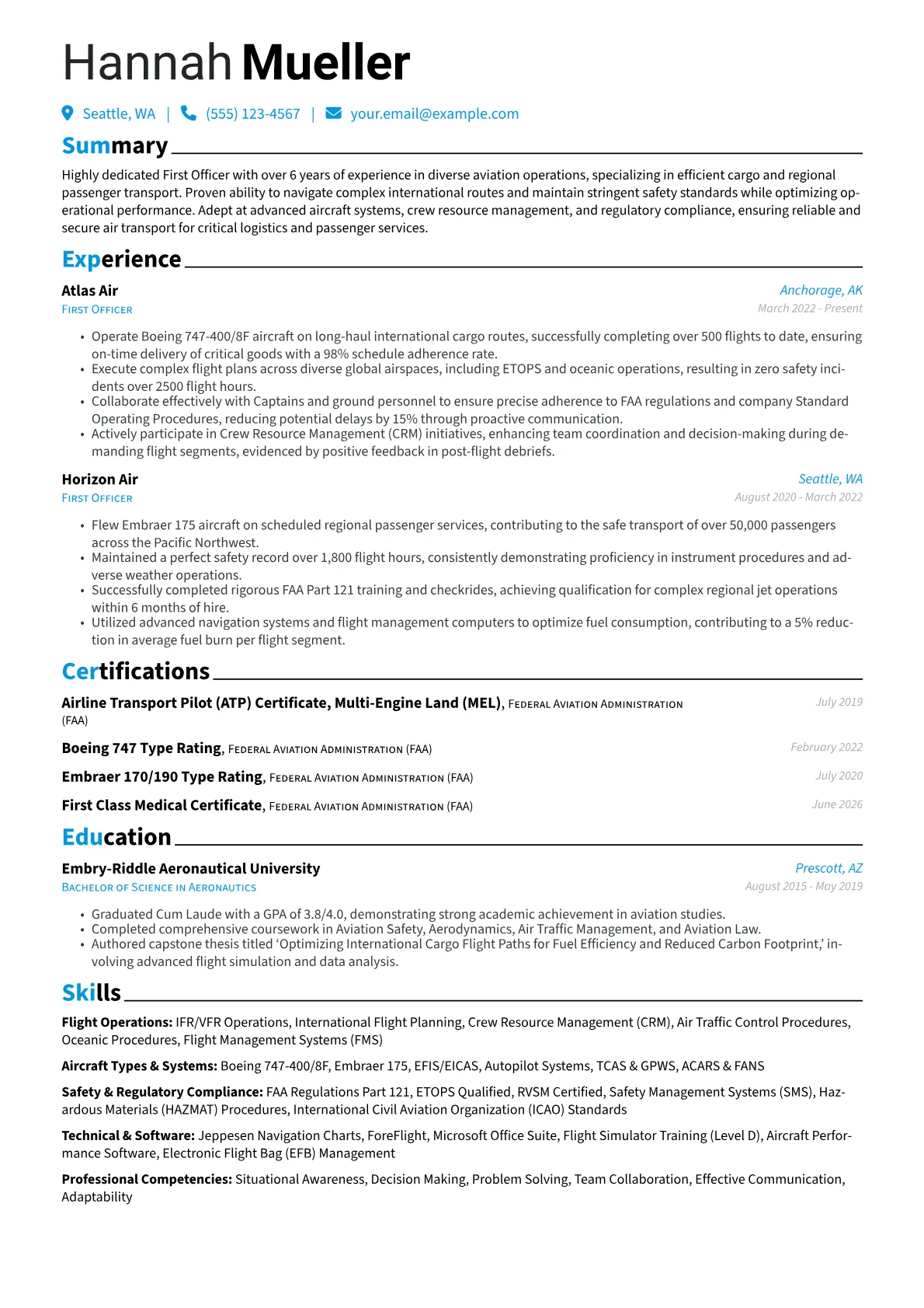 First Officer resume example, International Cargo, page 1