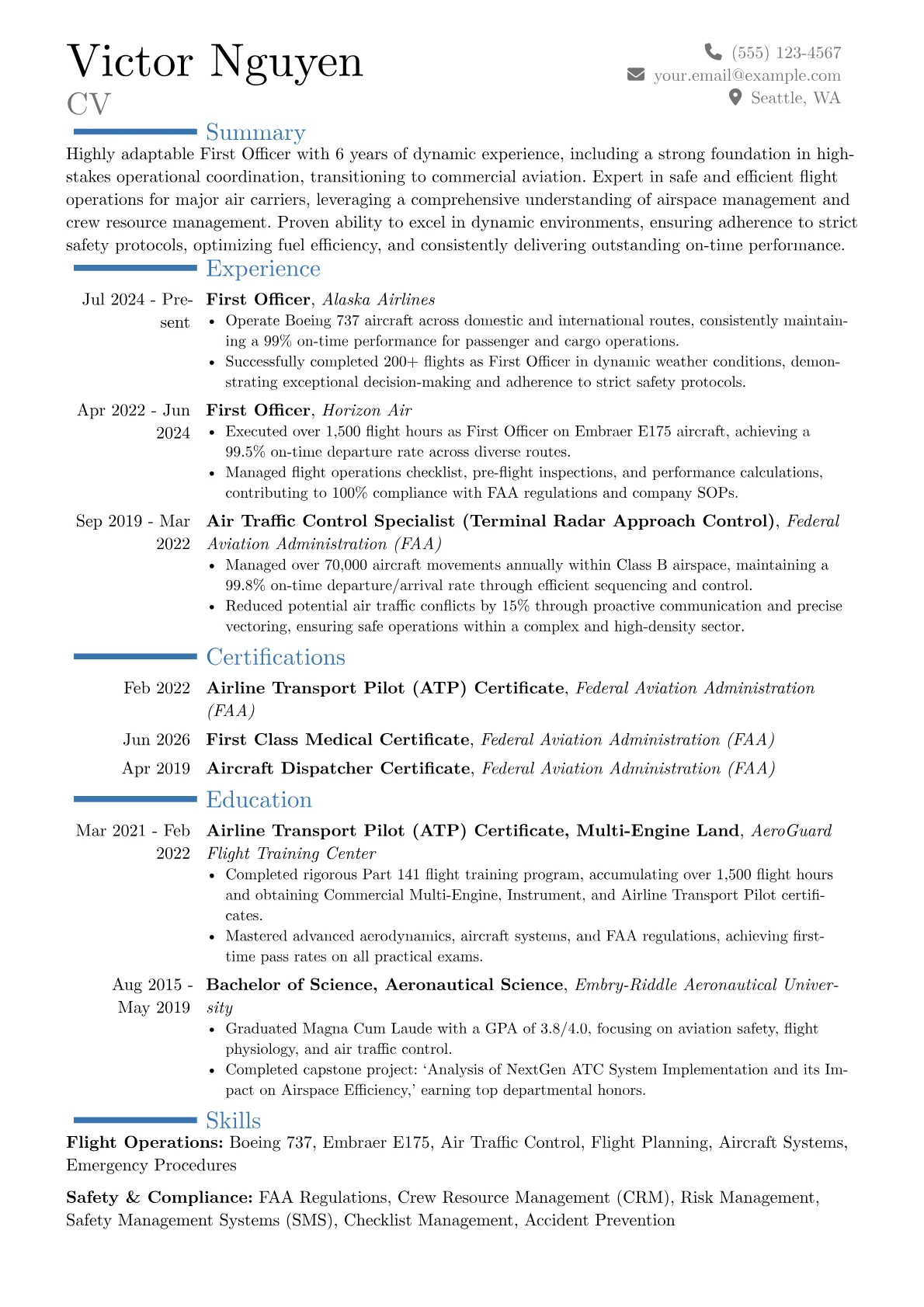 First Officer resume example, Career changer, page 1