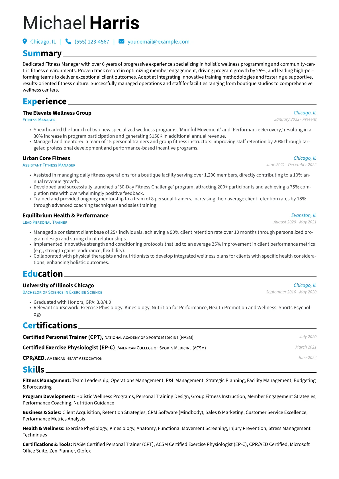 Fitness Manager resume example, Fitness Manager - Holistic, page 1