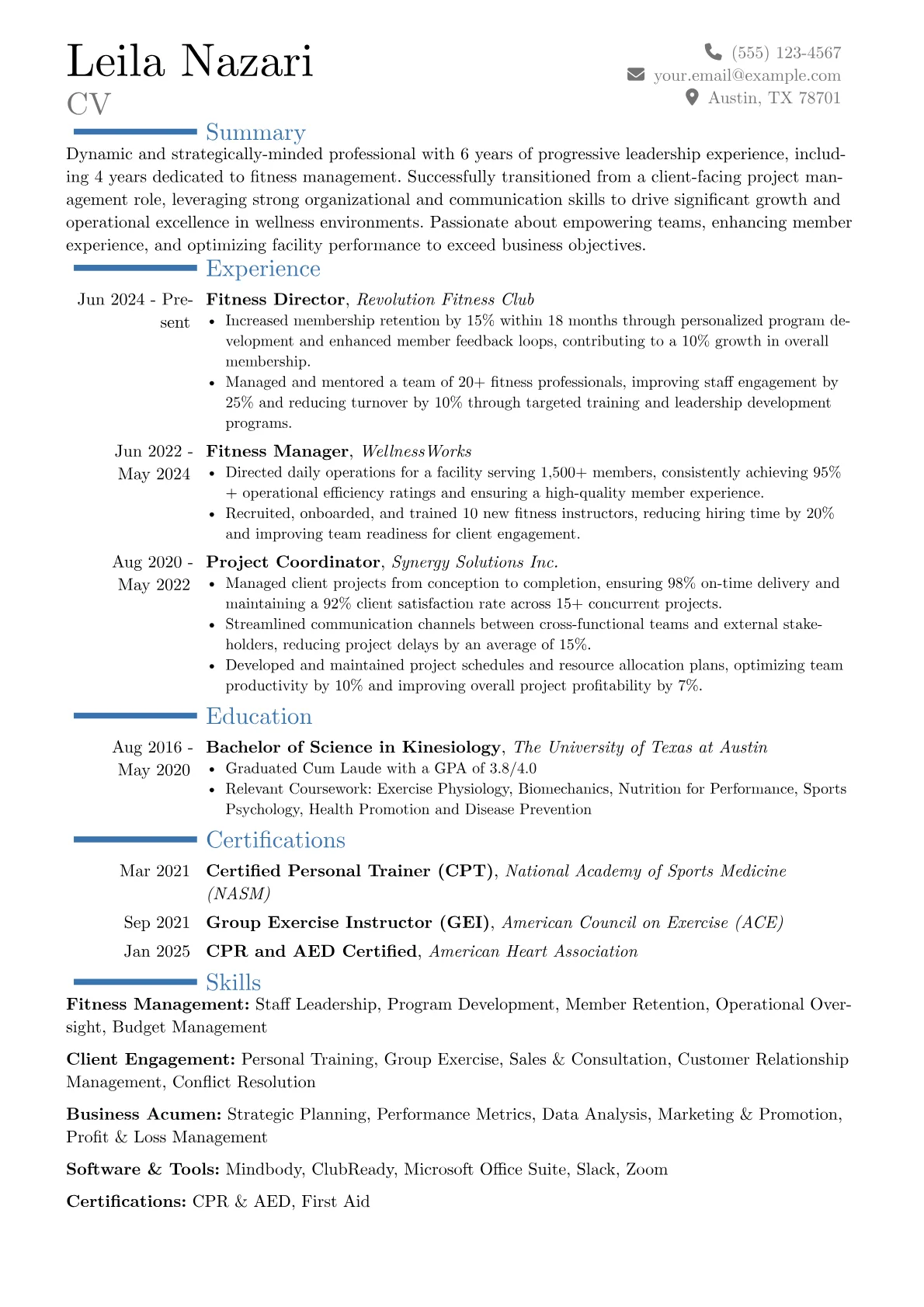 Fitness Manager resume example, Career changer, page 1