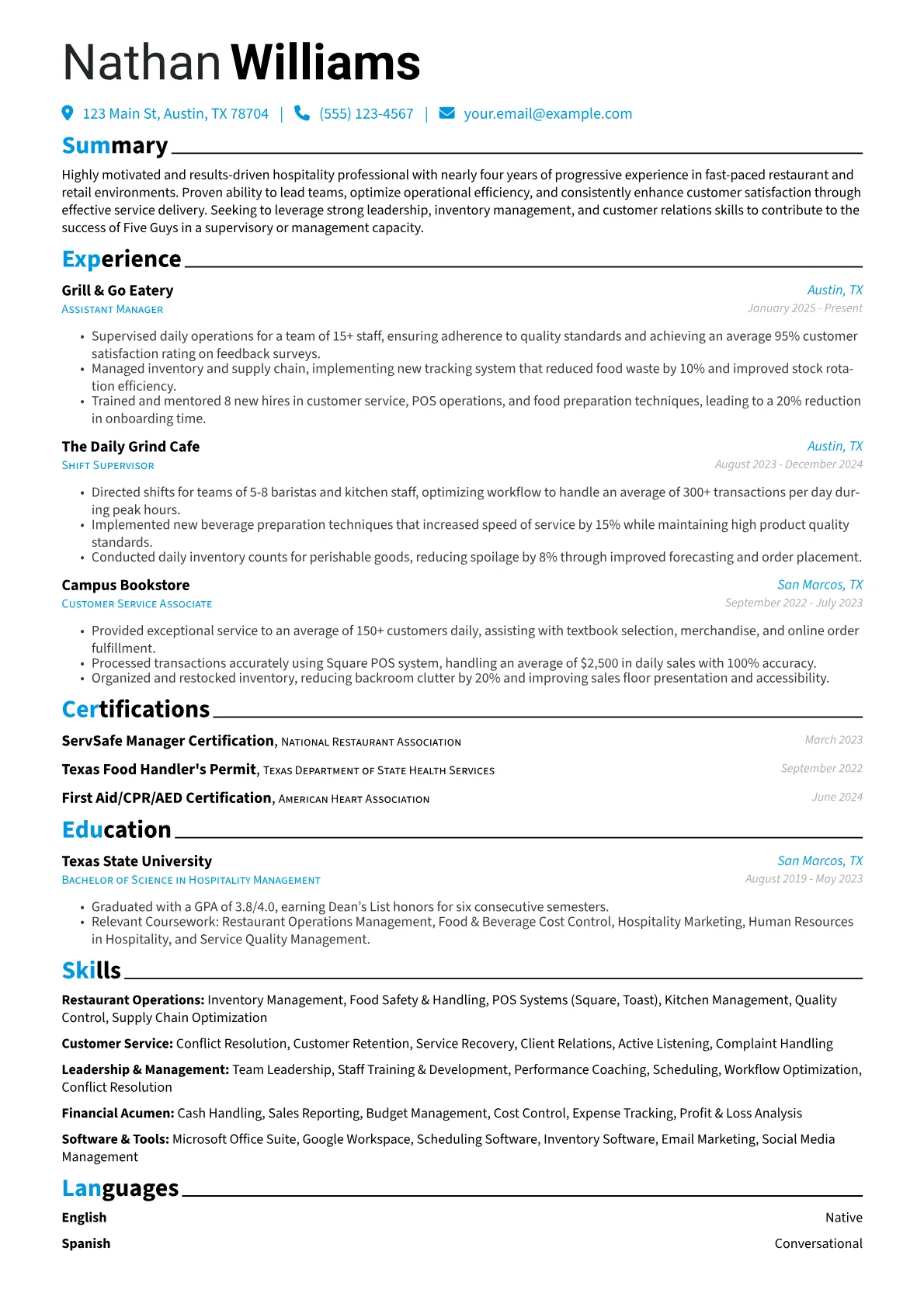 Five Guys resume example, Entry-Level Management, page 1