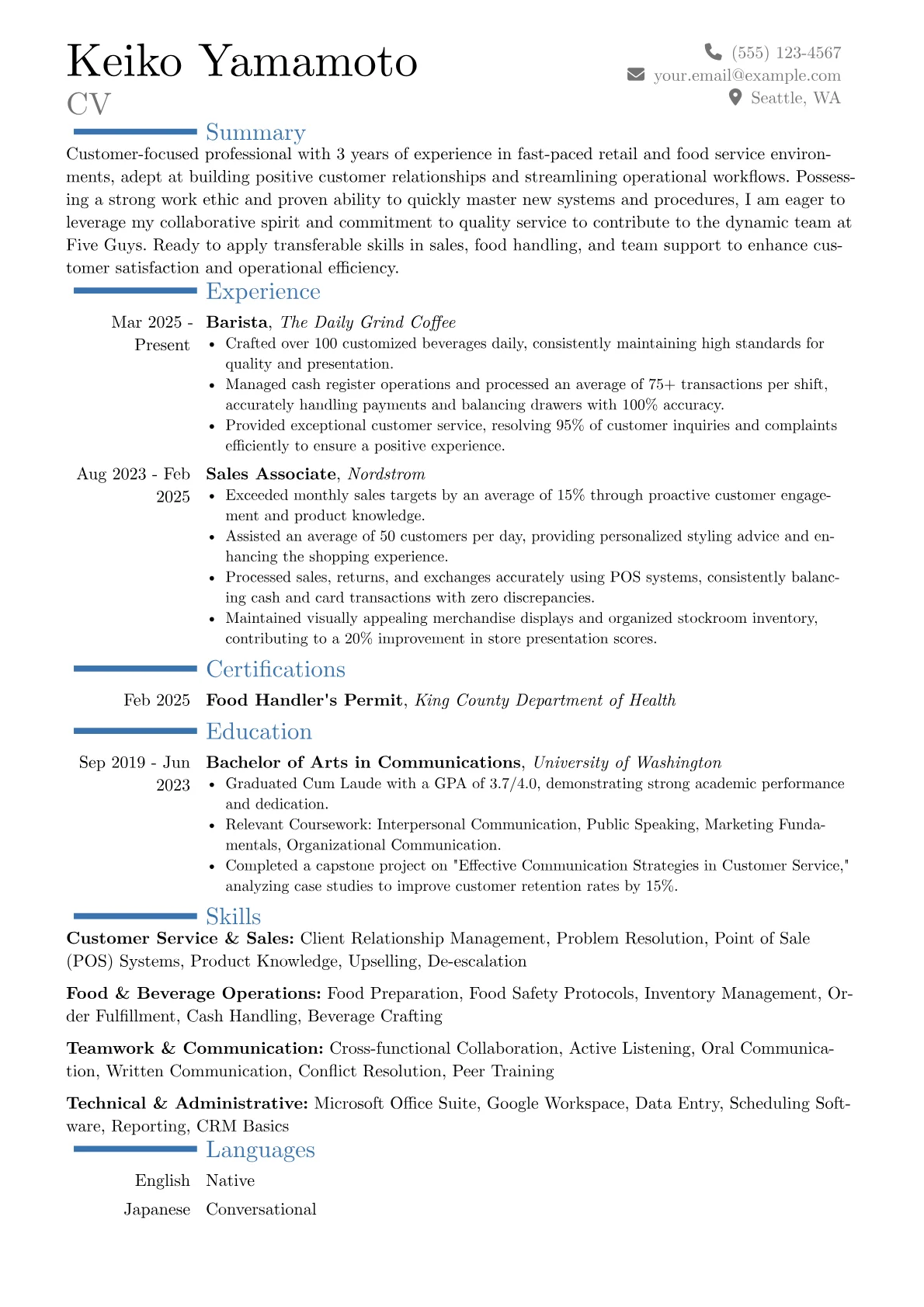Five Guys resume example, Career changer, page 1