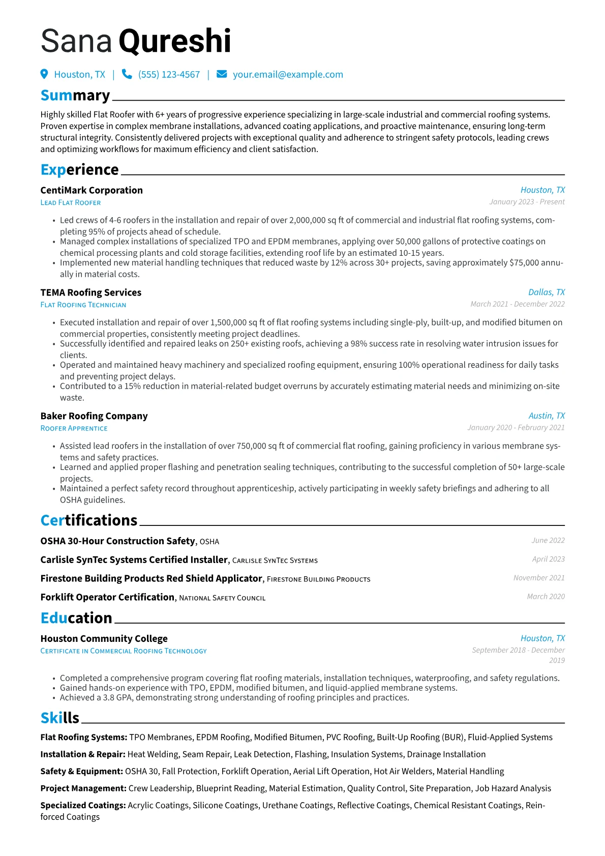 Flat Roofer resume example, Flat Roofer, page 1