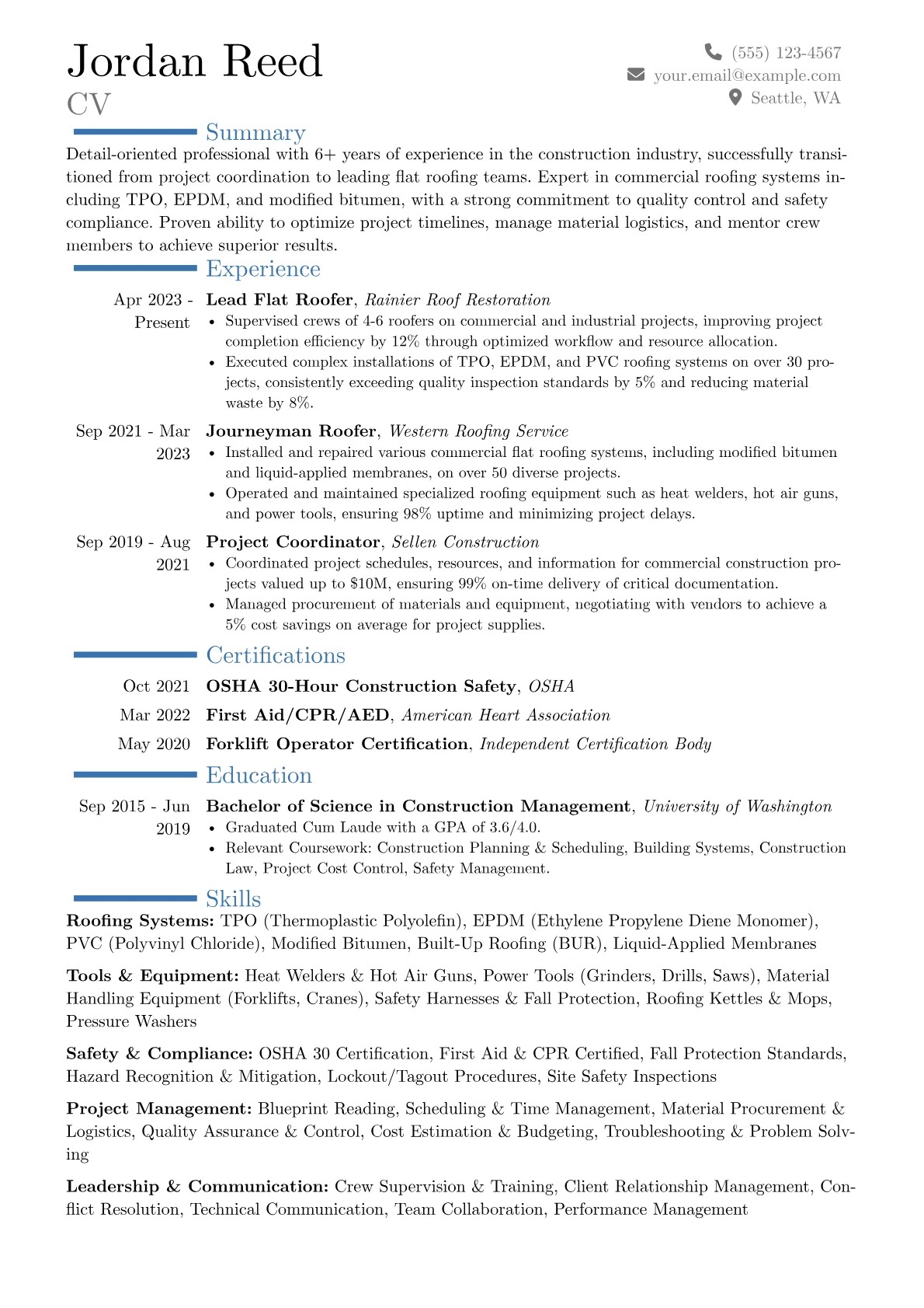 Flat Roofer resume example, Career changer, page 1