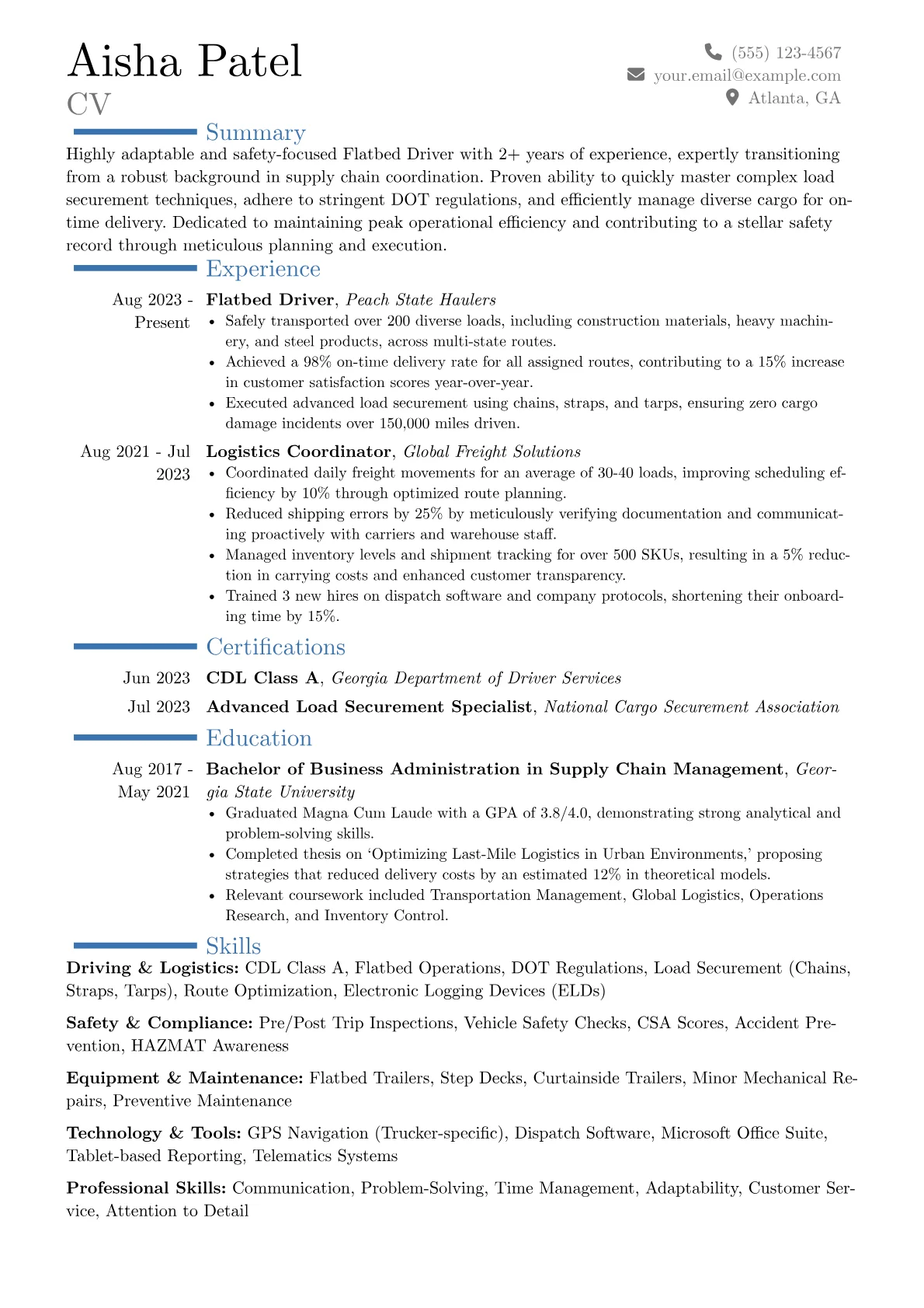 Flatbed Driver resume example, Career changer, page 1