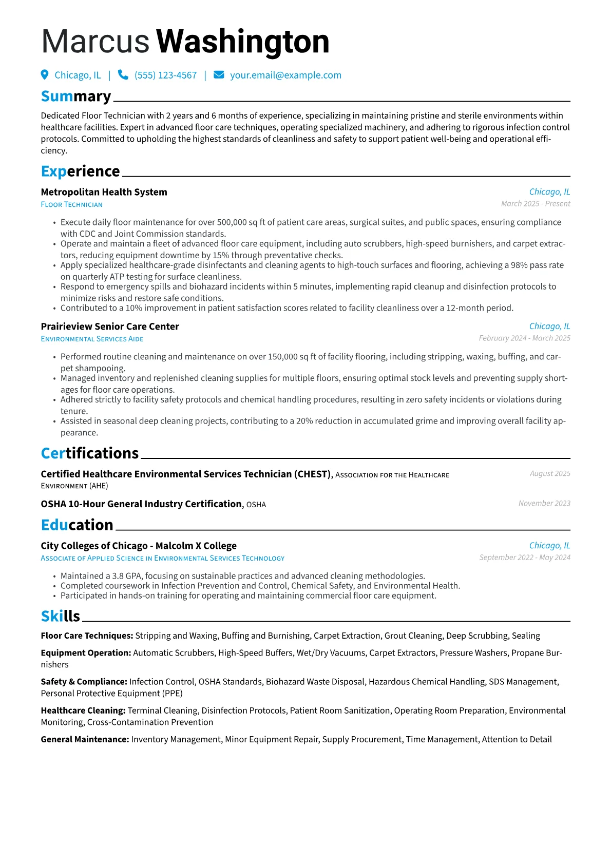 Floor Technician resume example, Healthcare Facility Floor, page 1