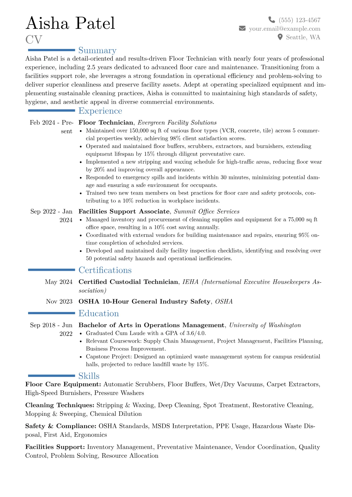 Floor Technician resume example, Career changer, page 1