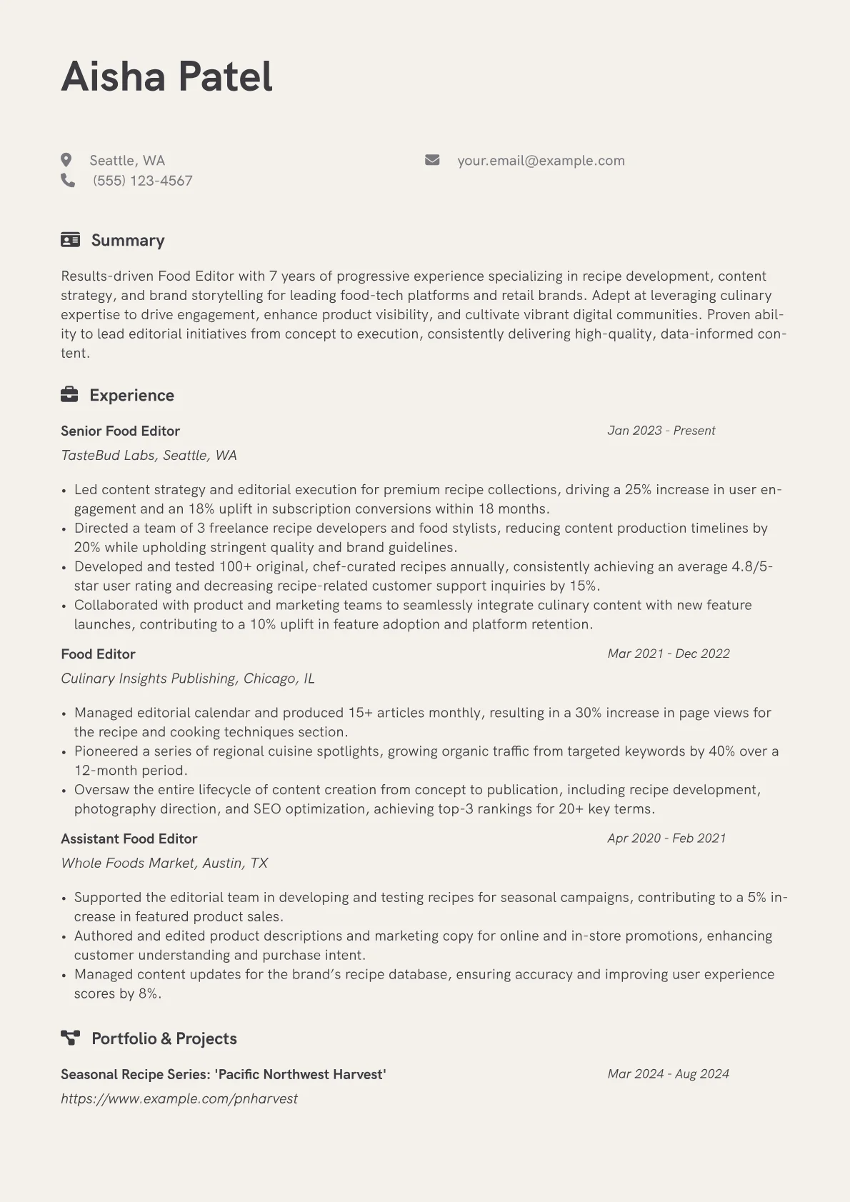 Food Editor resume example, Corporate Food Editor, page 1
