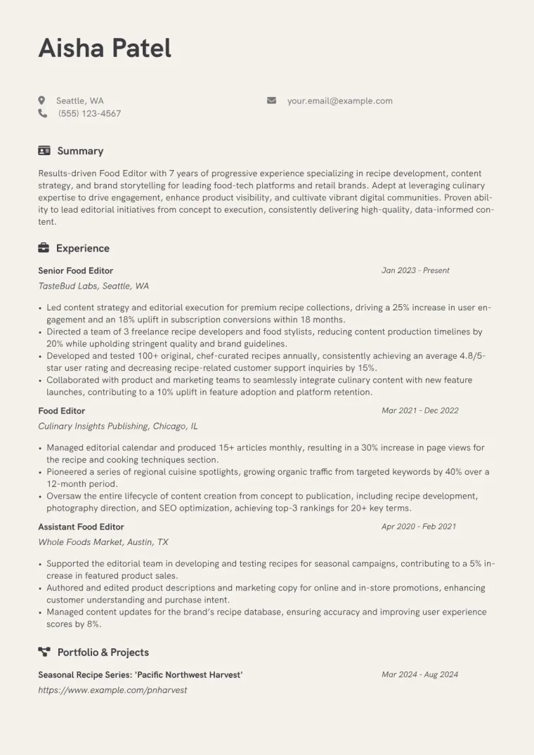 Food Editor Resume Examples + Free Template (2026)