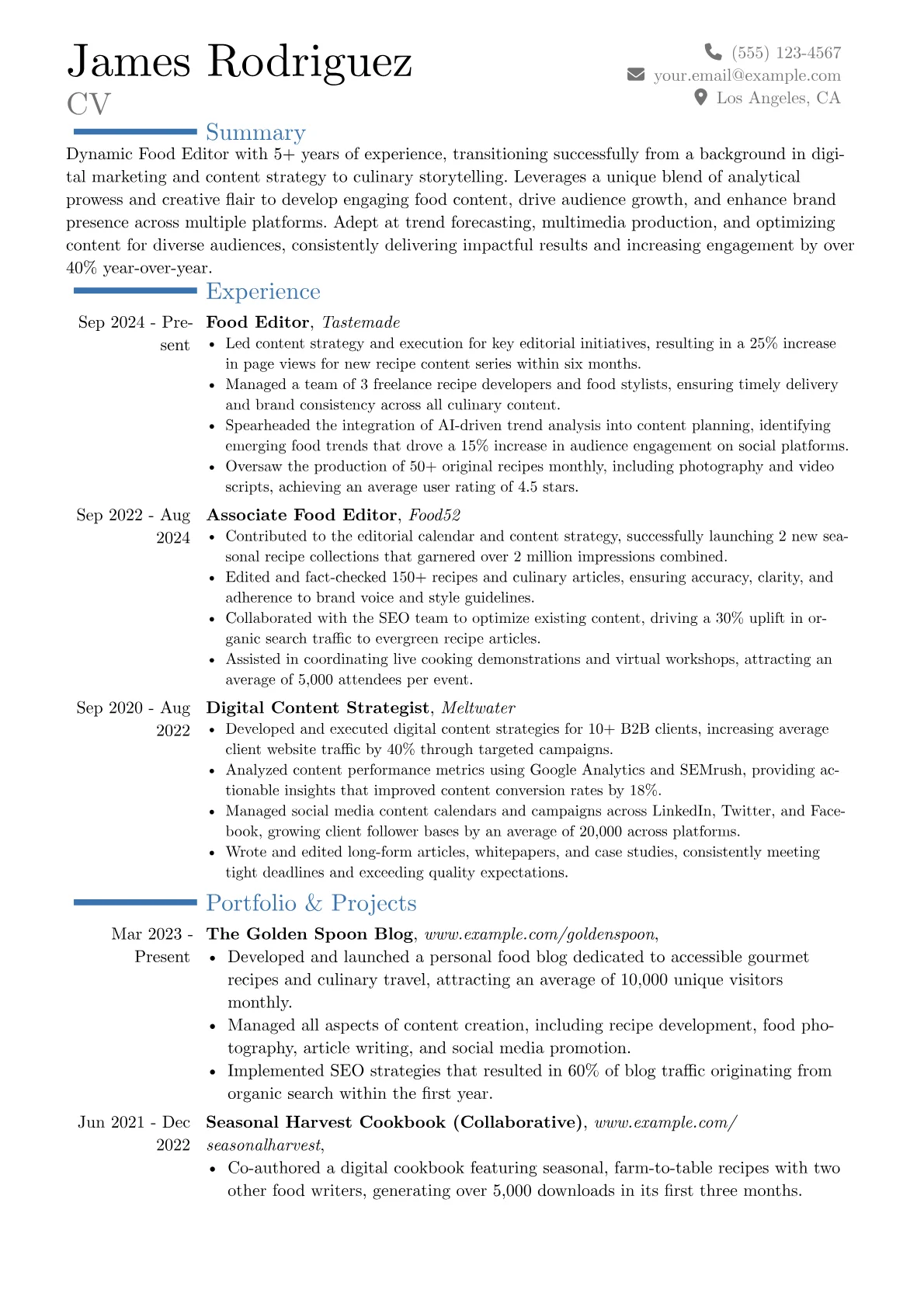 Food Editor resume example, Career changer, page 1