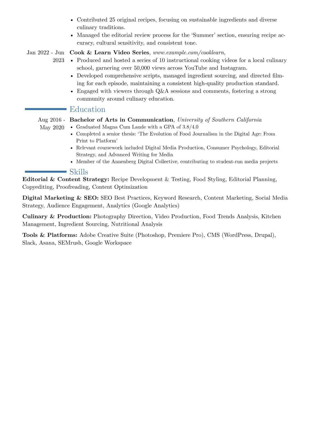Food Editor resume example, Career changer, page 2