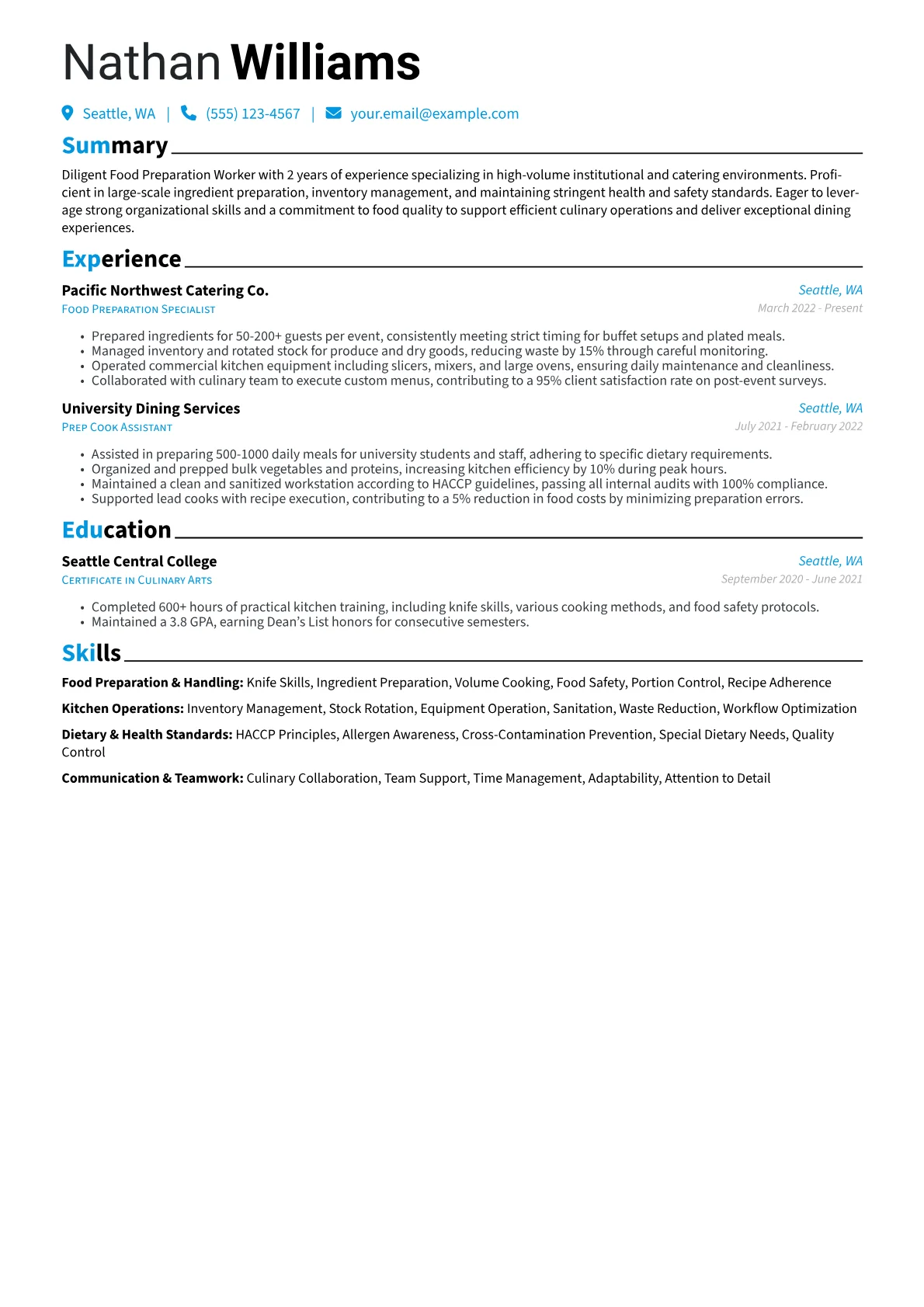 Food Preparation Worker resume example, Different focus, page 1