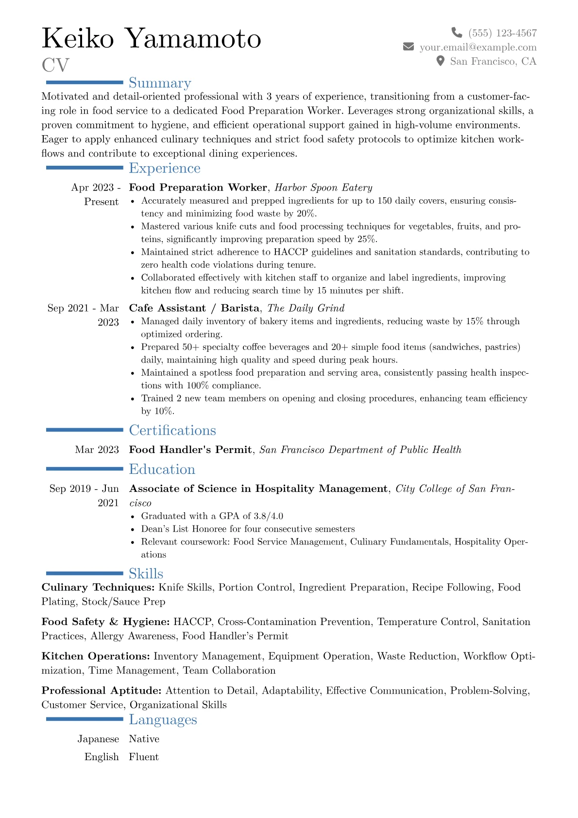Food Preparation Worker resume example, Career changer, page 1