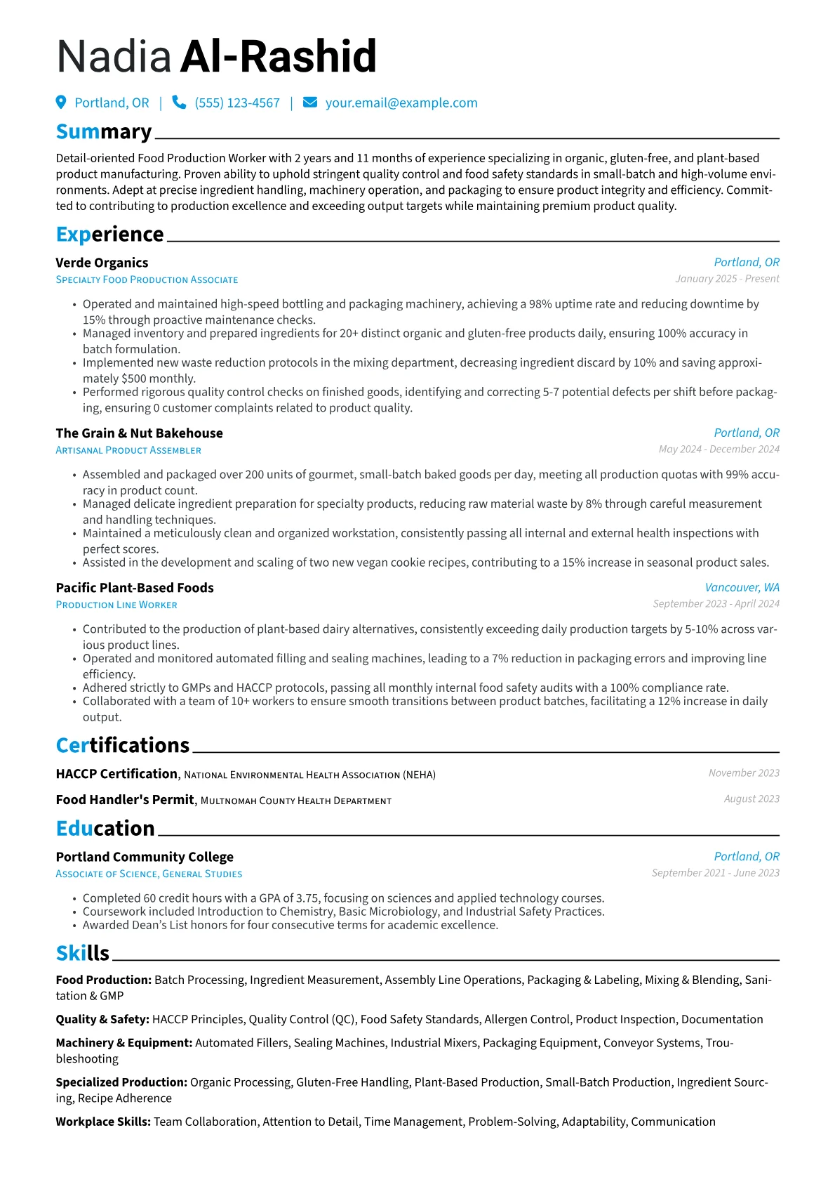 Food Production Worker resume example, Specialized Organic, page 1