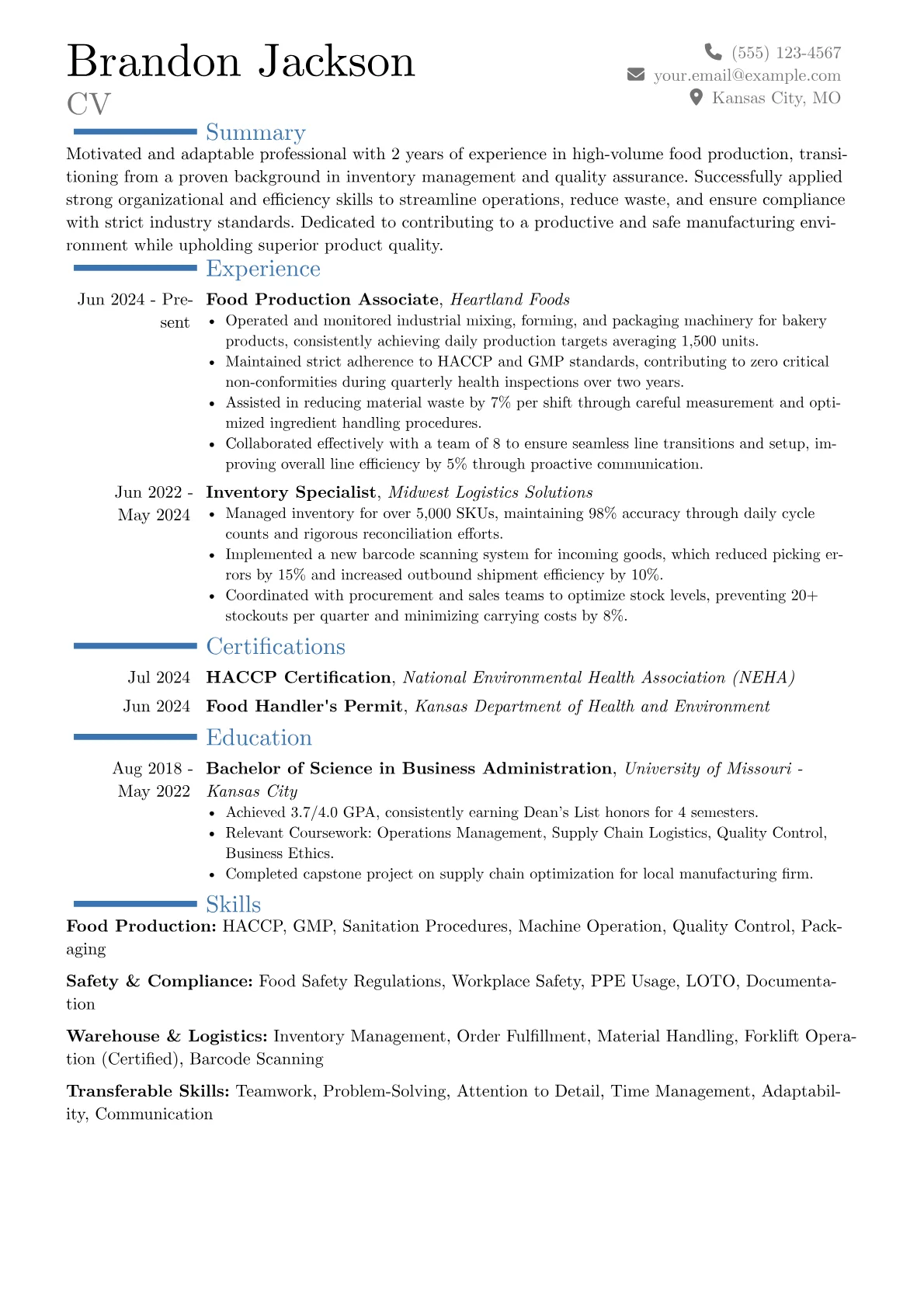 Food Production Worker resume example, Career changer, page 1