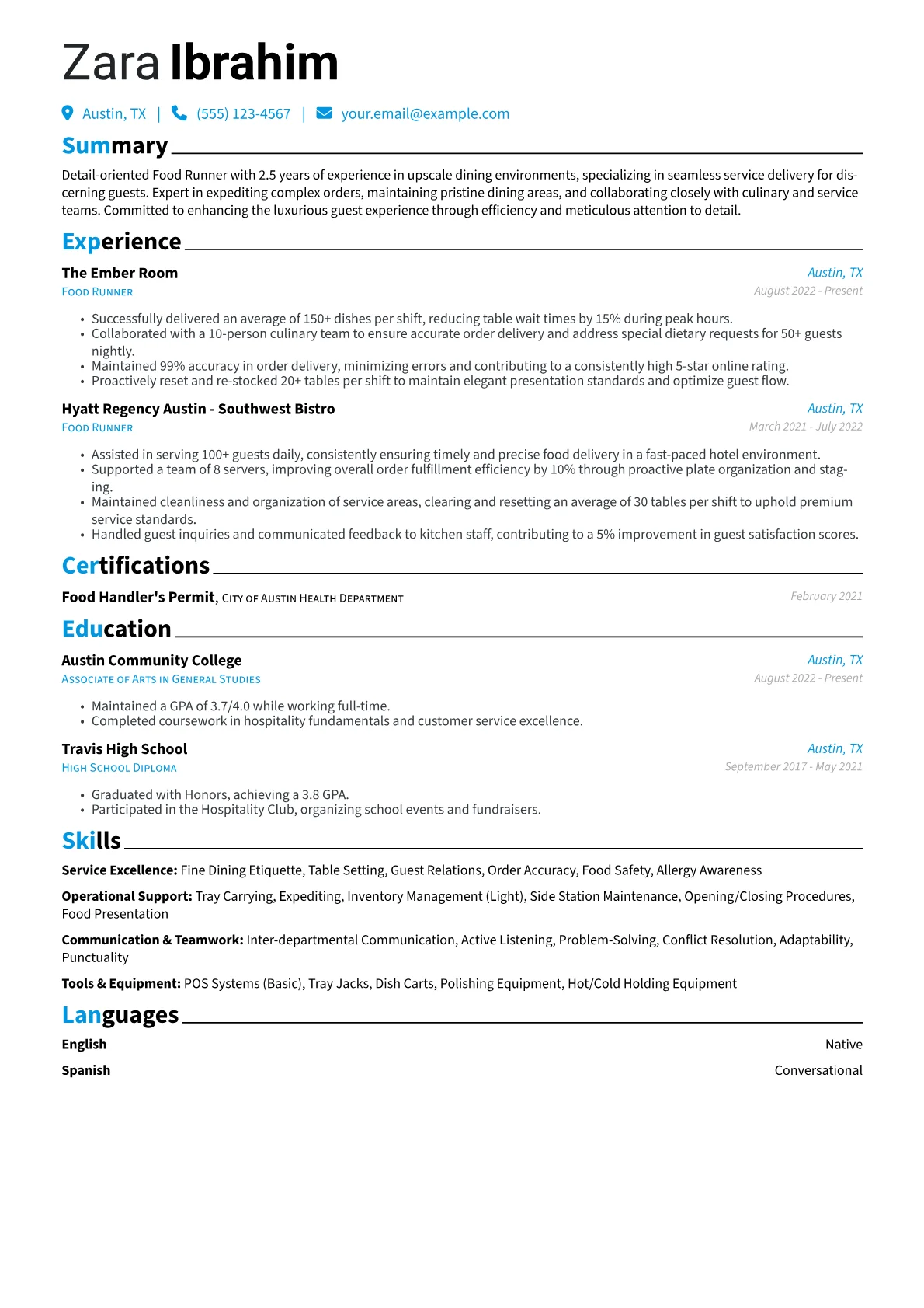 Food Runner resume example, Service Excellence, page 1