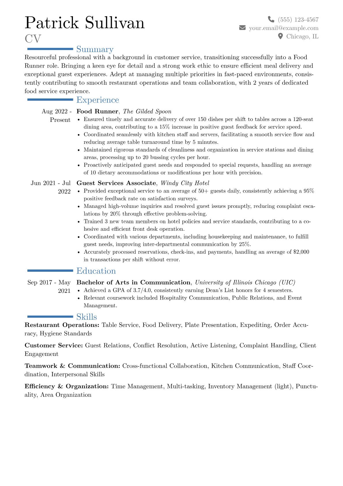 Food Runner resume example, Career changer, page 1