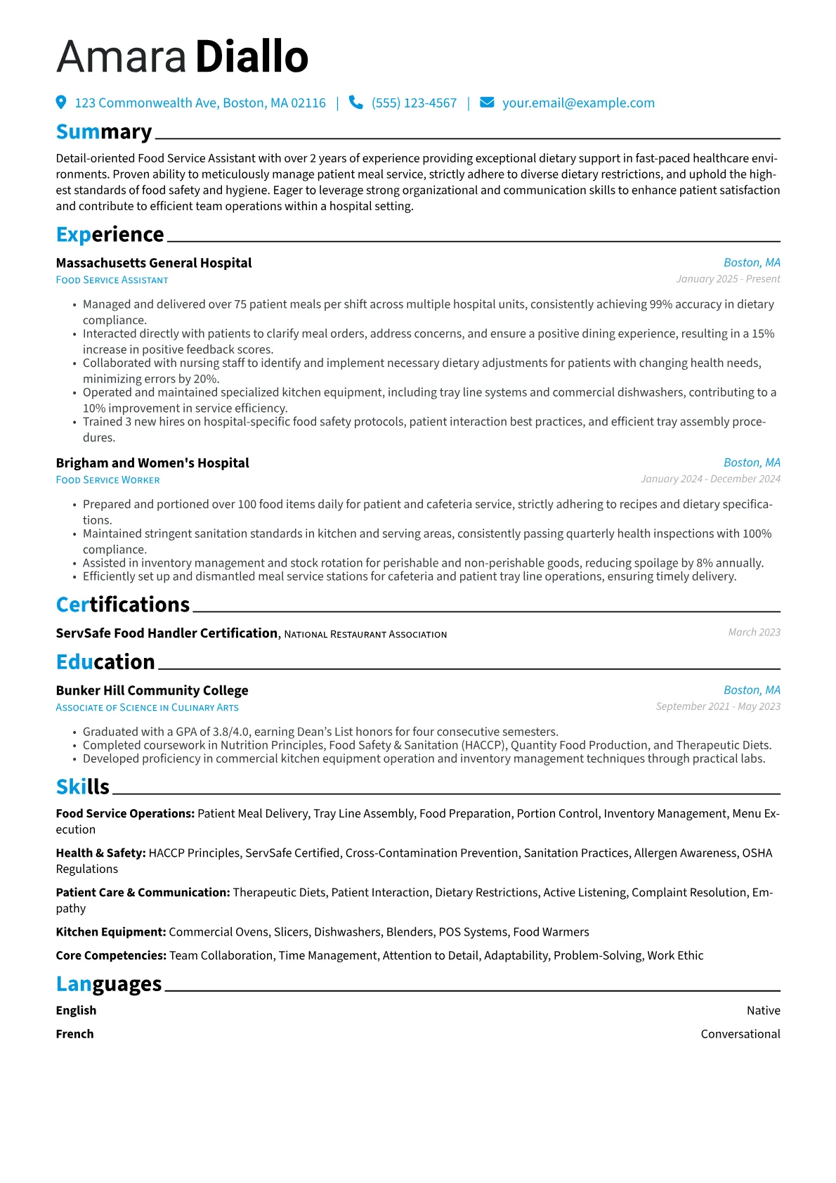 Food Service Assistant resume example, Food Service Operations, page 1