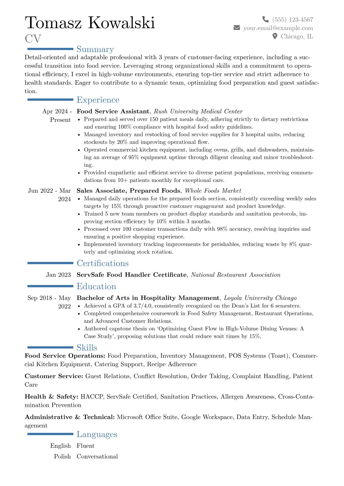 Food Service Assistant resume example, Career changer, page 1