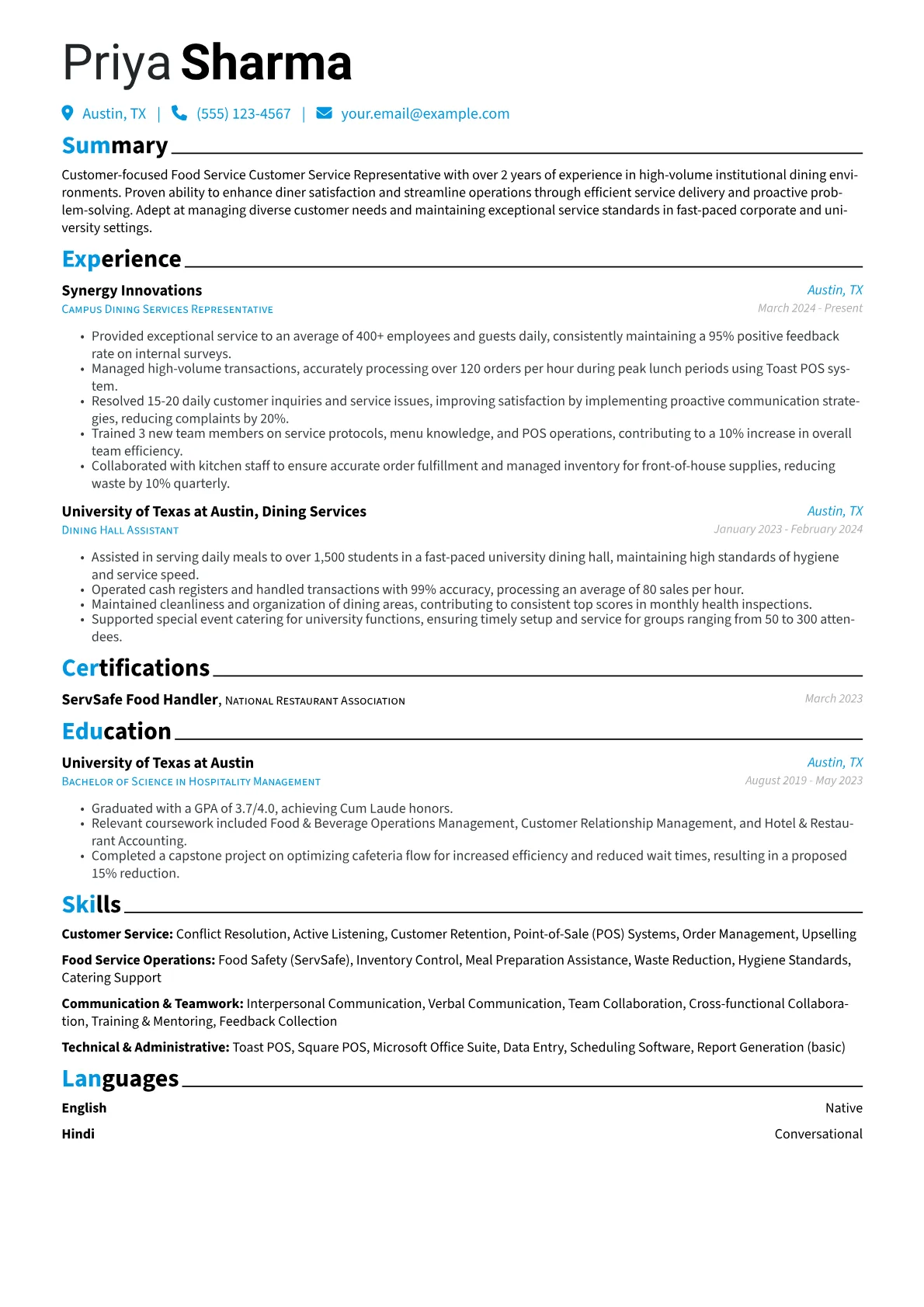 Food Service Customer Service Representative resume example, Customer Service, page 1