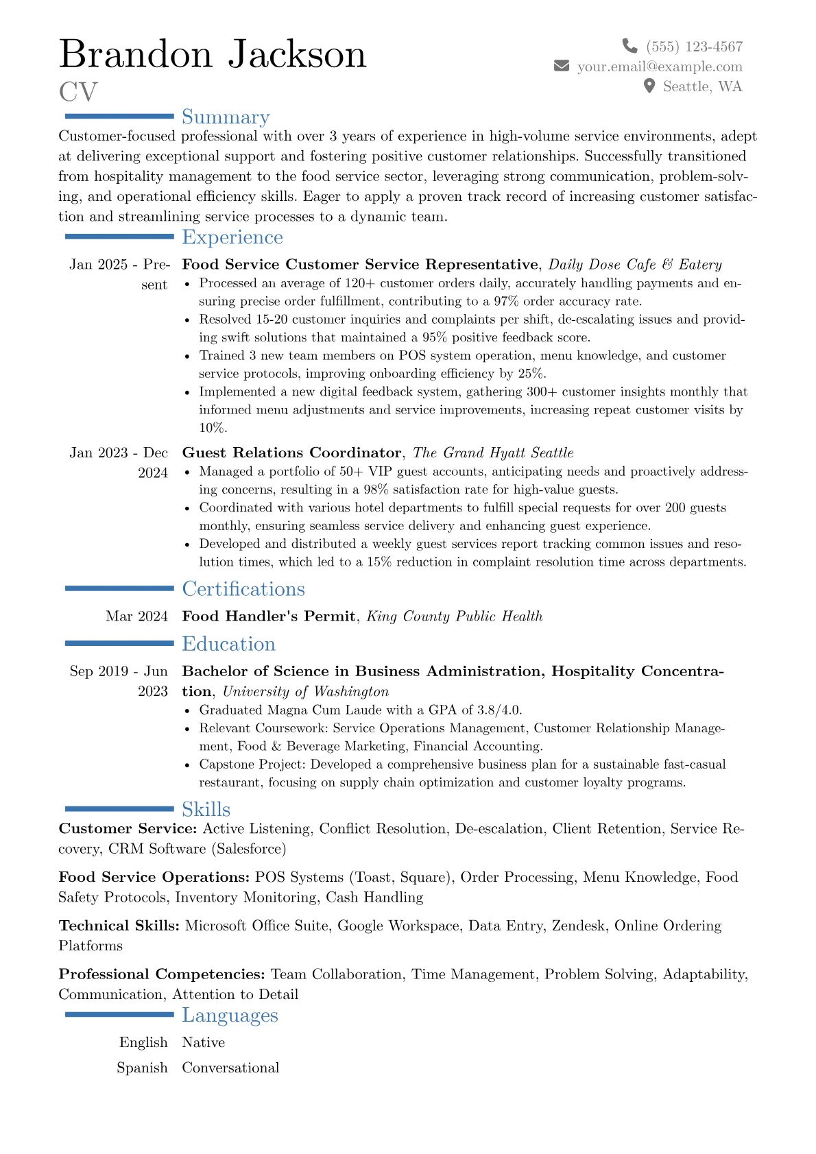 Food Service Customer Service Representative resume example, Career changer, page 1