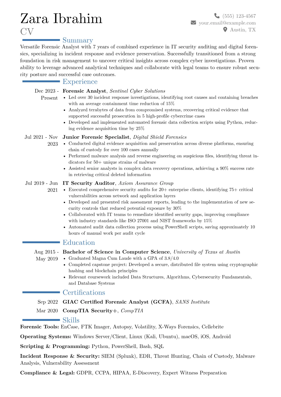 Forensic Analyst resume example, Career changer, page 1